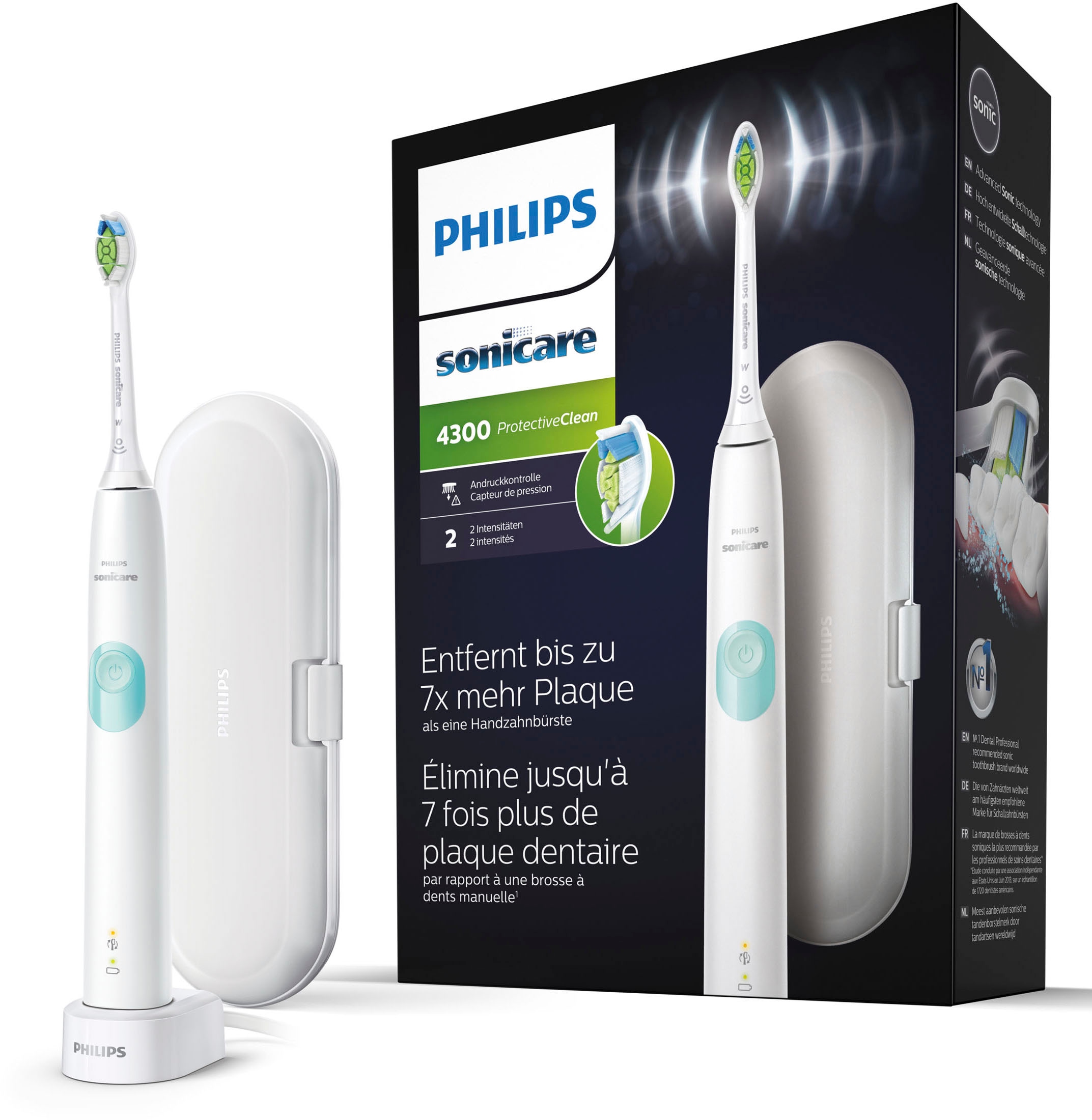 Philips Sonicare Elektrische Zahnbürste Ladestation, mit 3 Reiseetui Schalltechnologie St. »ProtectiveClean Aufsteckbürsten, Jahren BrushSync XXL 4300 HX6807/28«, mit und Funktion, Garantie 1