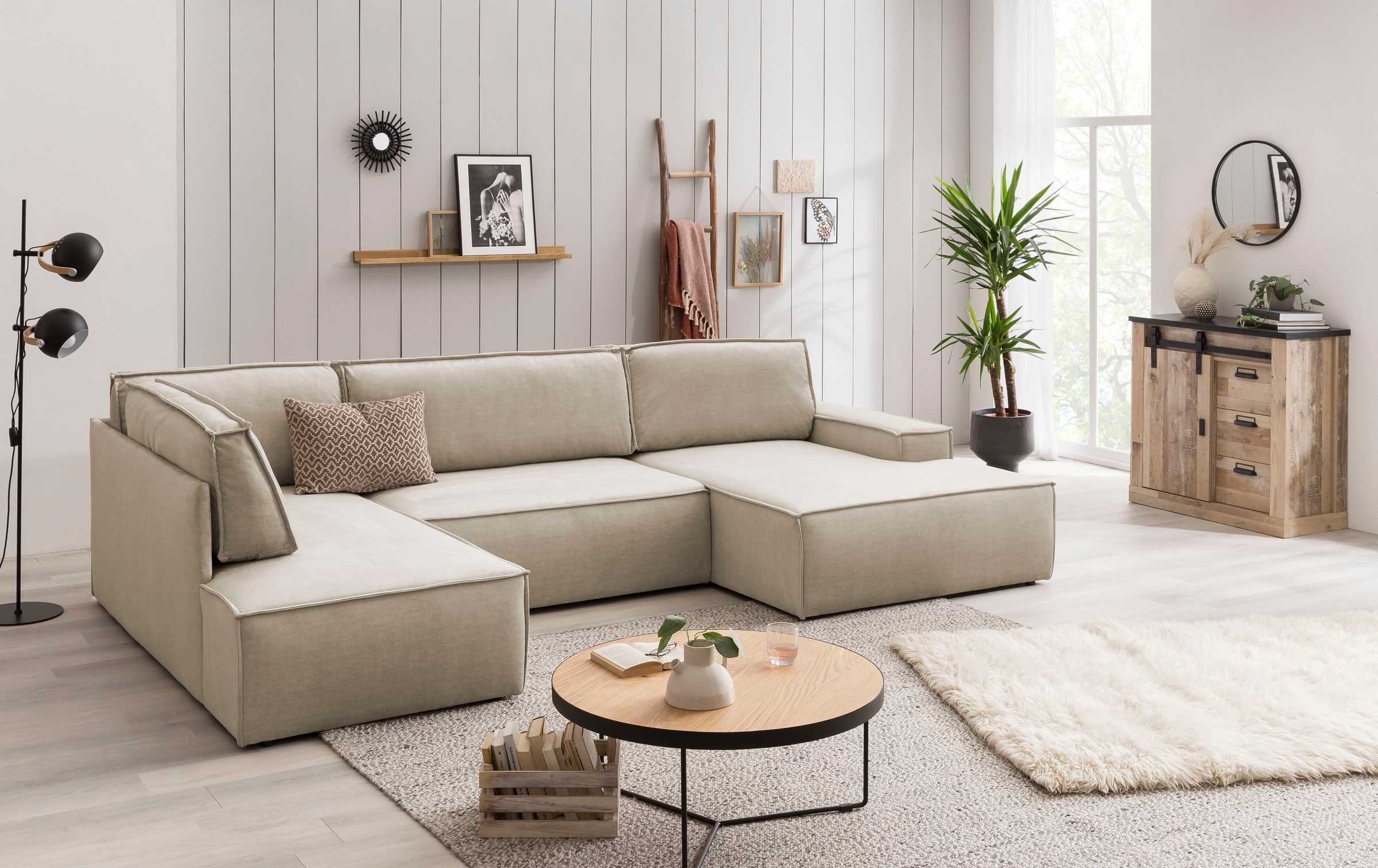 Home affaire Wohnlandschaft »SHERWOOD 329 cm, U-Form, Schlafsofa,«, Schlaffunktion m. Bettkasten (194x139 cm), Cord, Vintage, Samtvelours