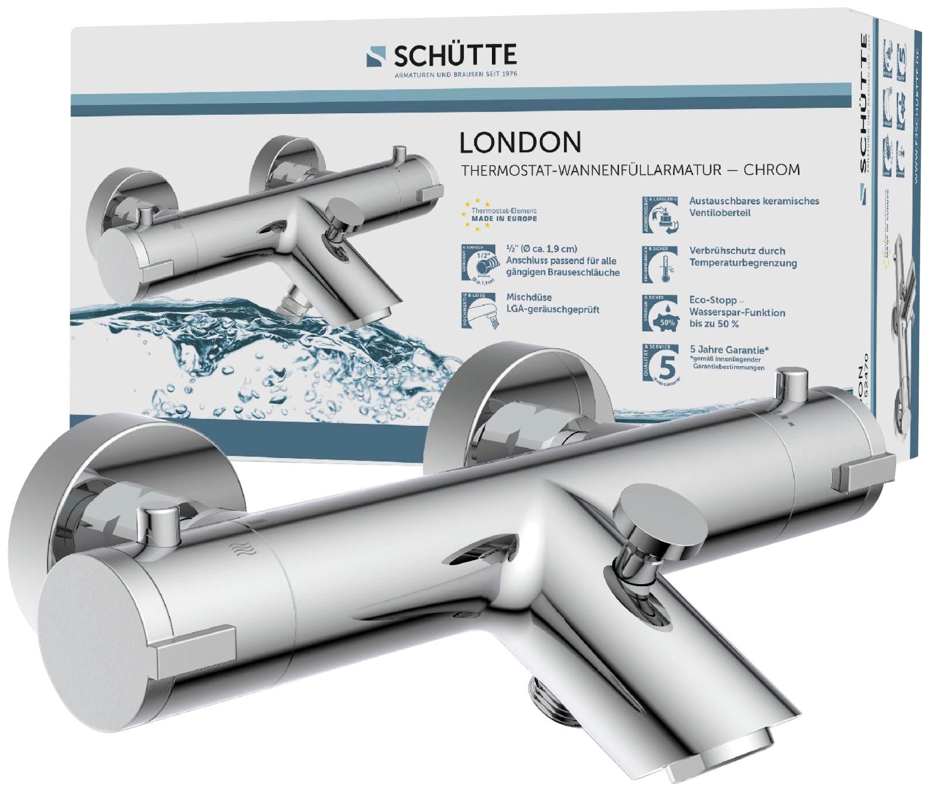 Schütte Badarmatur »3-teilige Serie LONDON«, (Set), Energiesparend, Verbrühschutz, 360° schwenkbar, wassersparend
