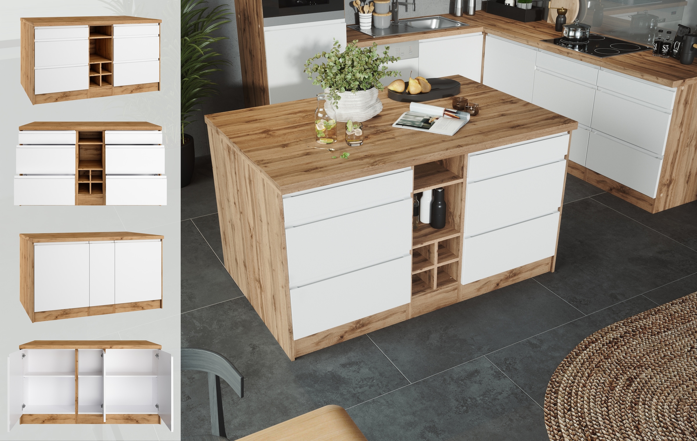 KOCHSTATION Kücheninsel »KS-Bruneck, Breite 153 cm«, MDF-Fronten, Arbeitsplatte 38mm stark