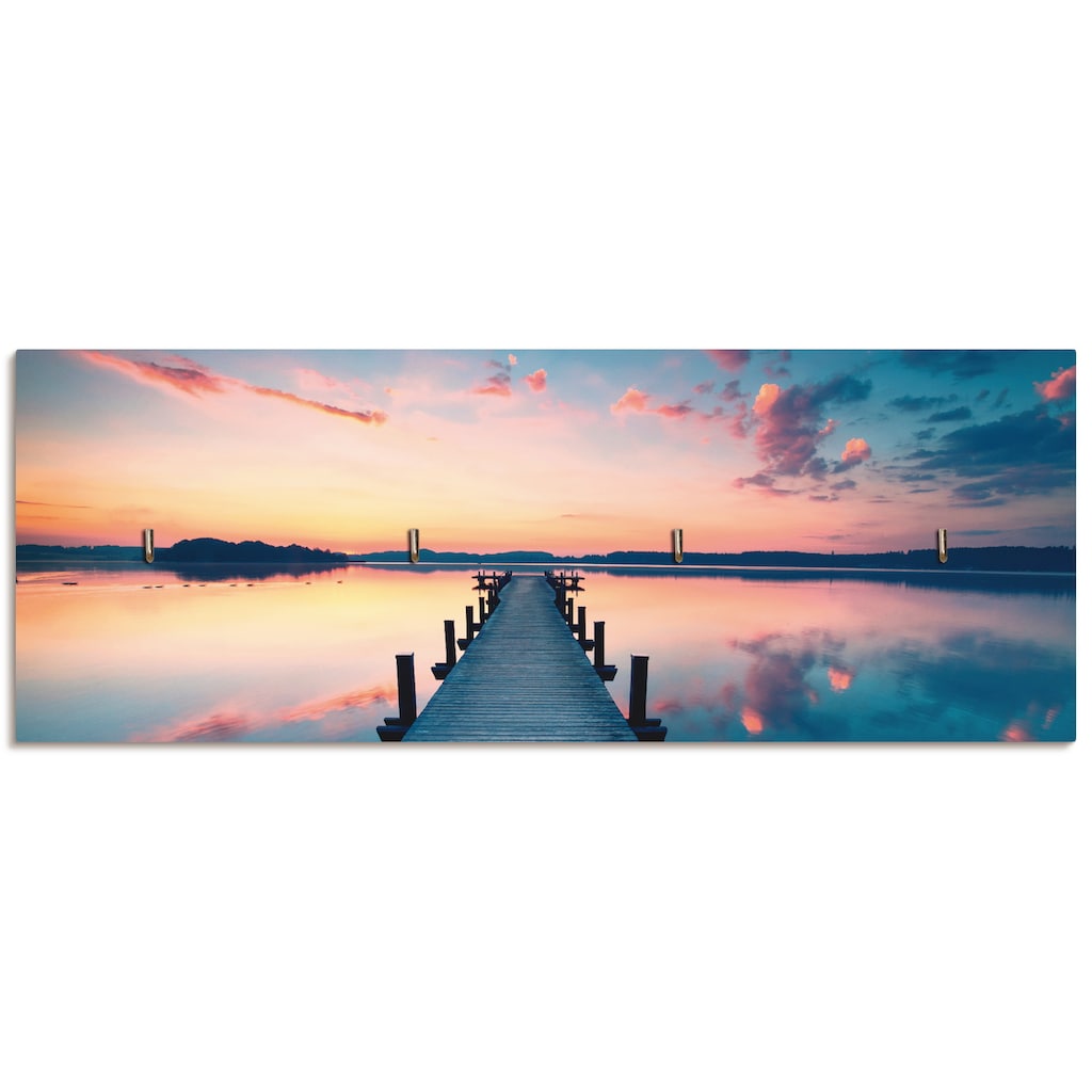 Artland Hakenleiste »Langer Pier am See im Sonnenaufgang«, aus Holz mit 4 Schlüsselhaken – Schlüsselboard, Schlüsselbretter, Schlüsselhalter, Schlüsselaufhänger für den Flur – Stil: Modern