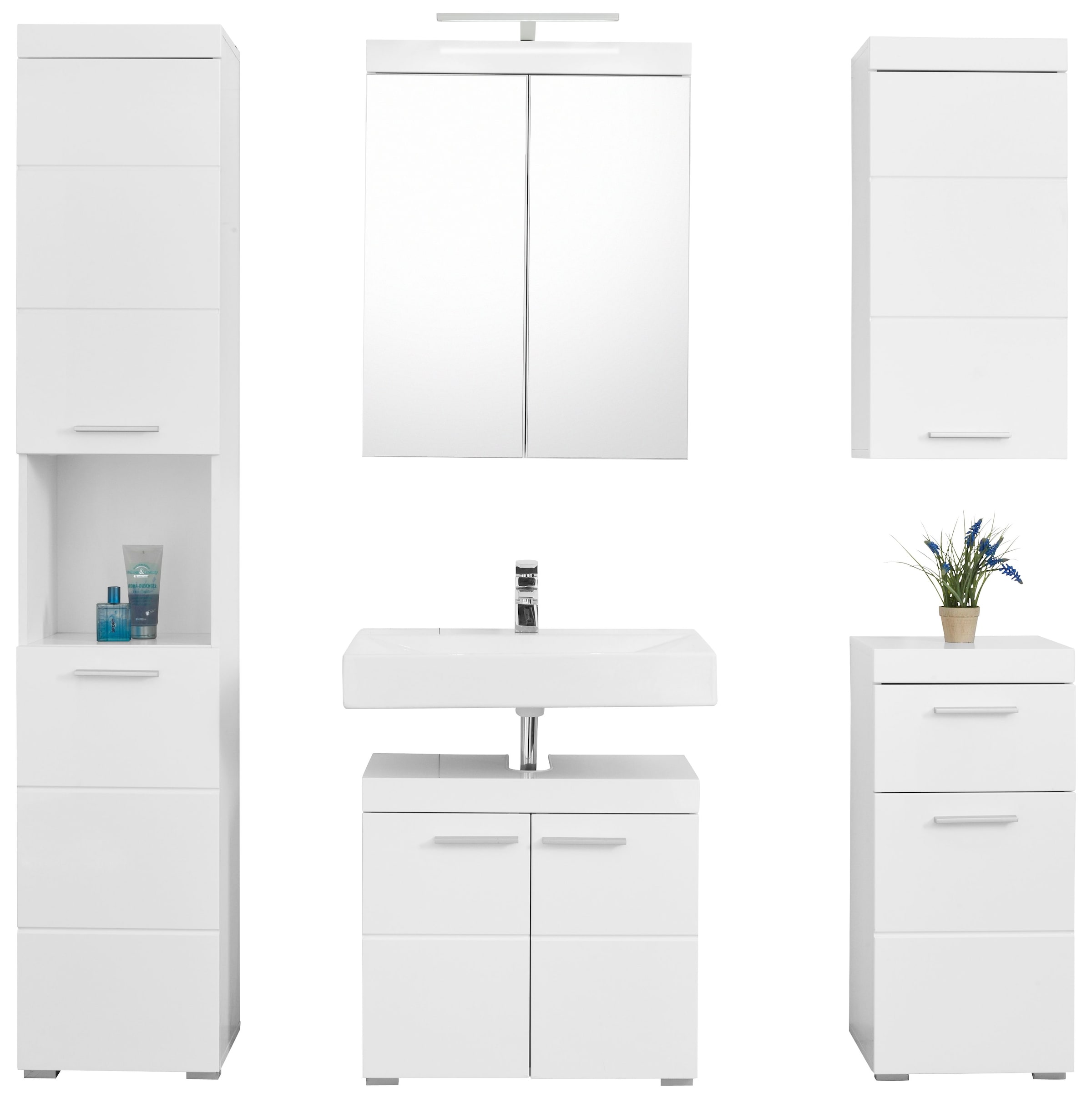 welltime Badmöbel-Set »Avena«, (Set, 5 St.), Hochschrank, WBU, Spiegelschrank, Kommode, Hängeschrank u. Beleuchtung