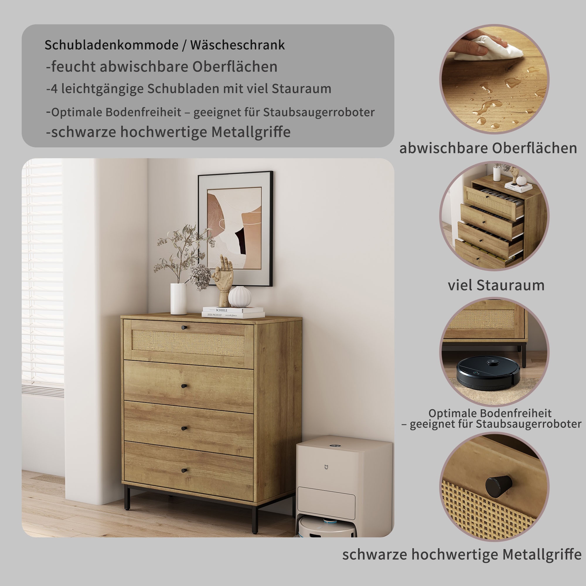 OTTO home Kombikommode »Motala Sideboard Wäscheschrank im BOHO Design Bestseller Kommode« Eichen-Design mit Geflecht Schublade und schwarzen Griffen, 