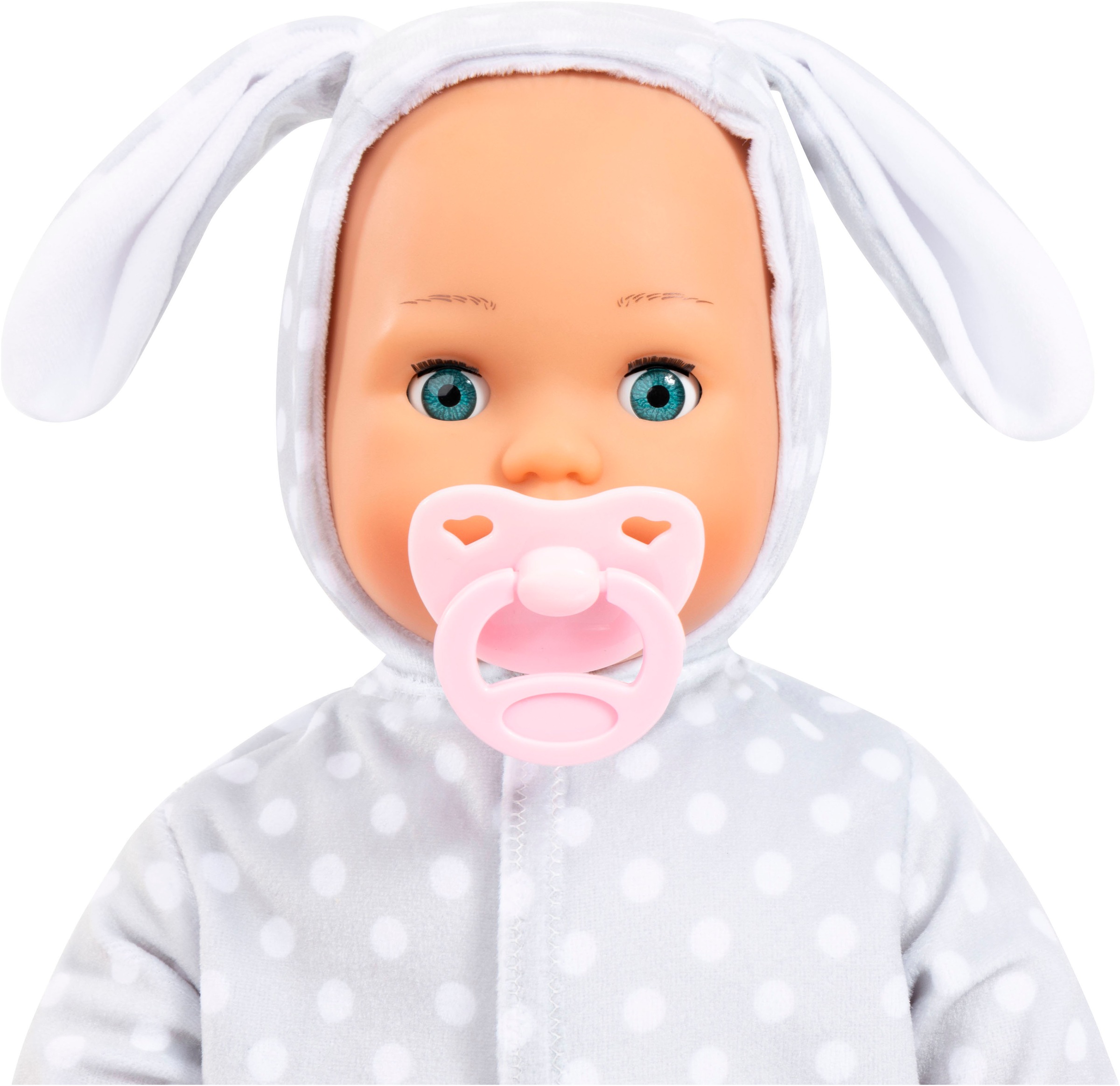 Bayer Babypuppe »Anna First Words Baby, 38 cm grau«, (3 tlg.), mit Schlafaugen und Babygeräuschen
