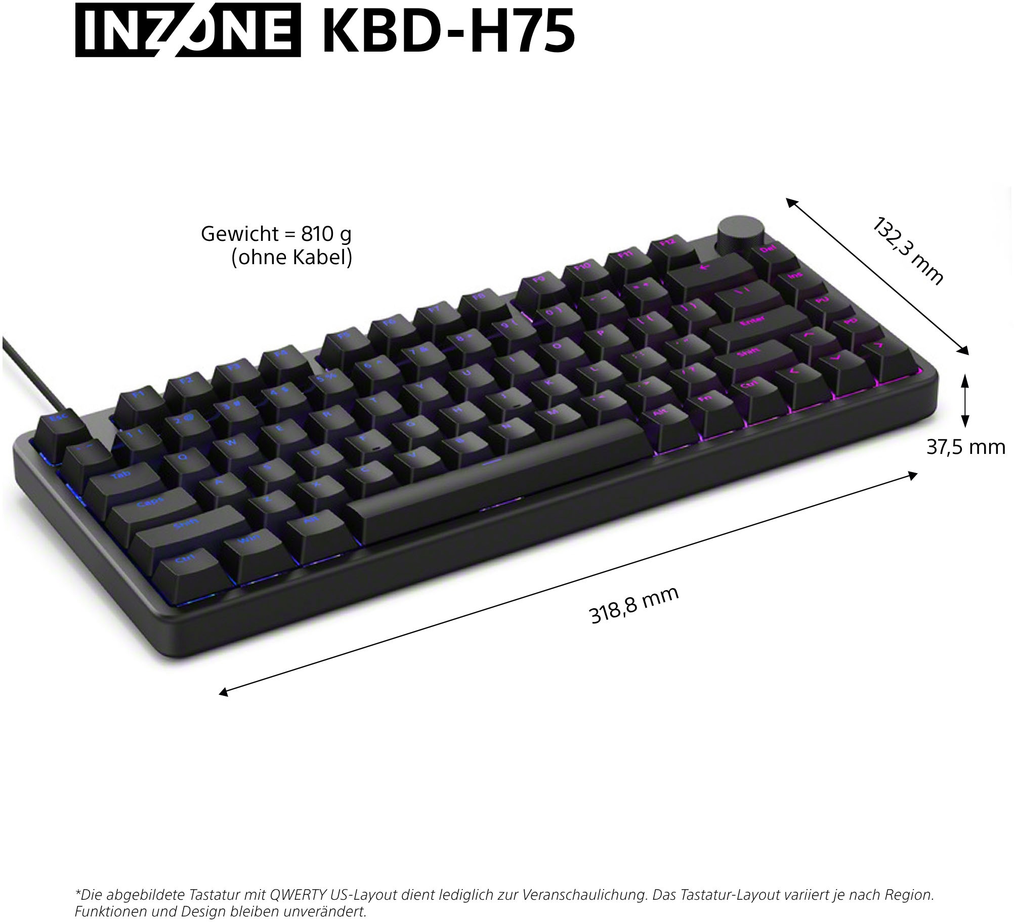 Sony Gaming-Tastatur »INZONE KBD-H75« (Fn-Tasten | USB-Anschluss | Windows-Sperrtaste) Magnetschalter, 75% TKL, 8000Hz Abtastrate, Gasket Mount, Alugehäuse