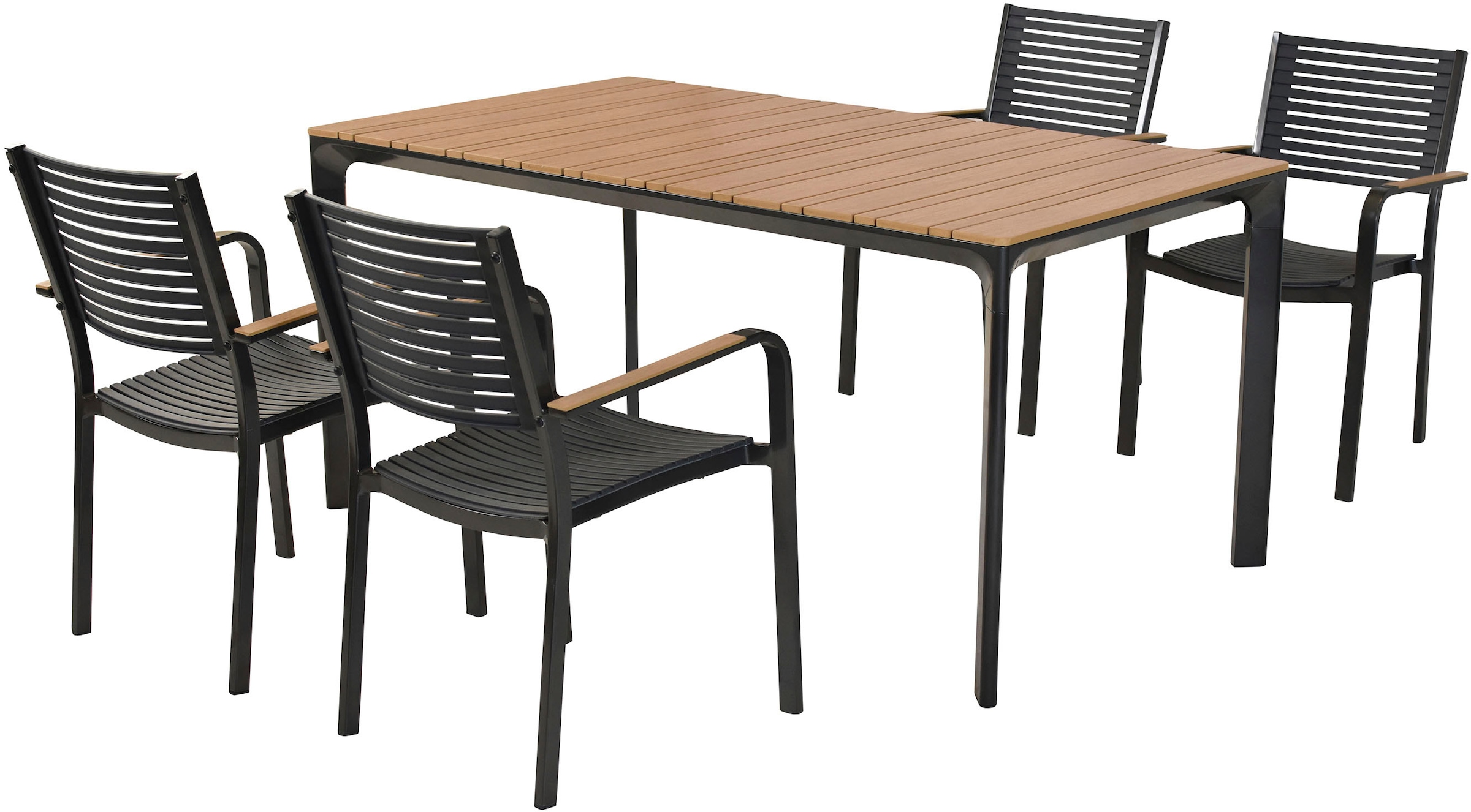 MERXX Garten-Essgruppe »»Paliano«« Set, 5 Stk. tlg. Applikationen, Armlehnen und Tischplatte aus Kunststoff in Holzoptik