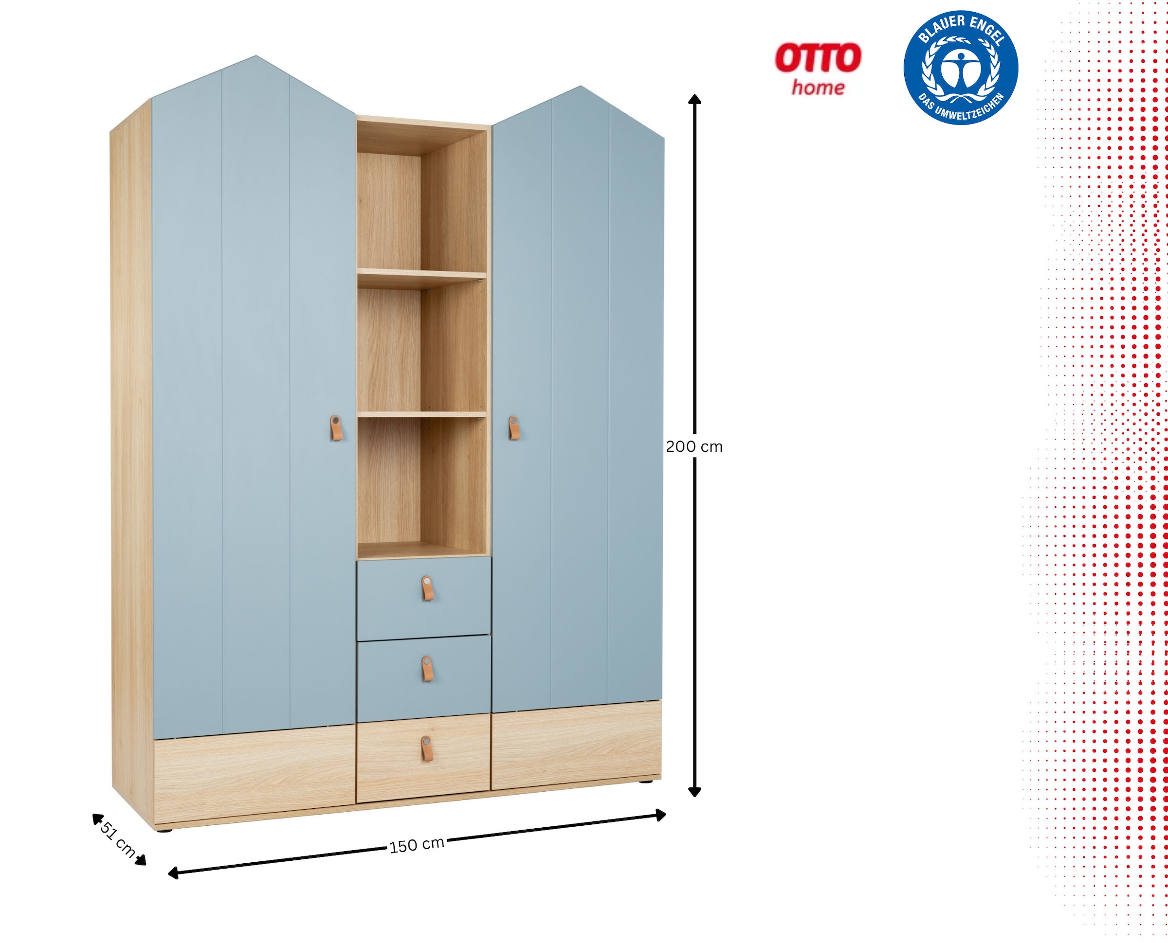OTTO home Kleiderschrank »Hennix skandinavisches Spitzdach-Design mit Soft-Close, viel Stauraum« H/B/T ca. 200/150/51cm,  3 Schubladen, Made in Germany, variable Einlegeböden