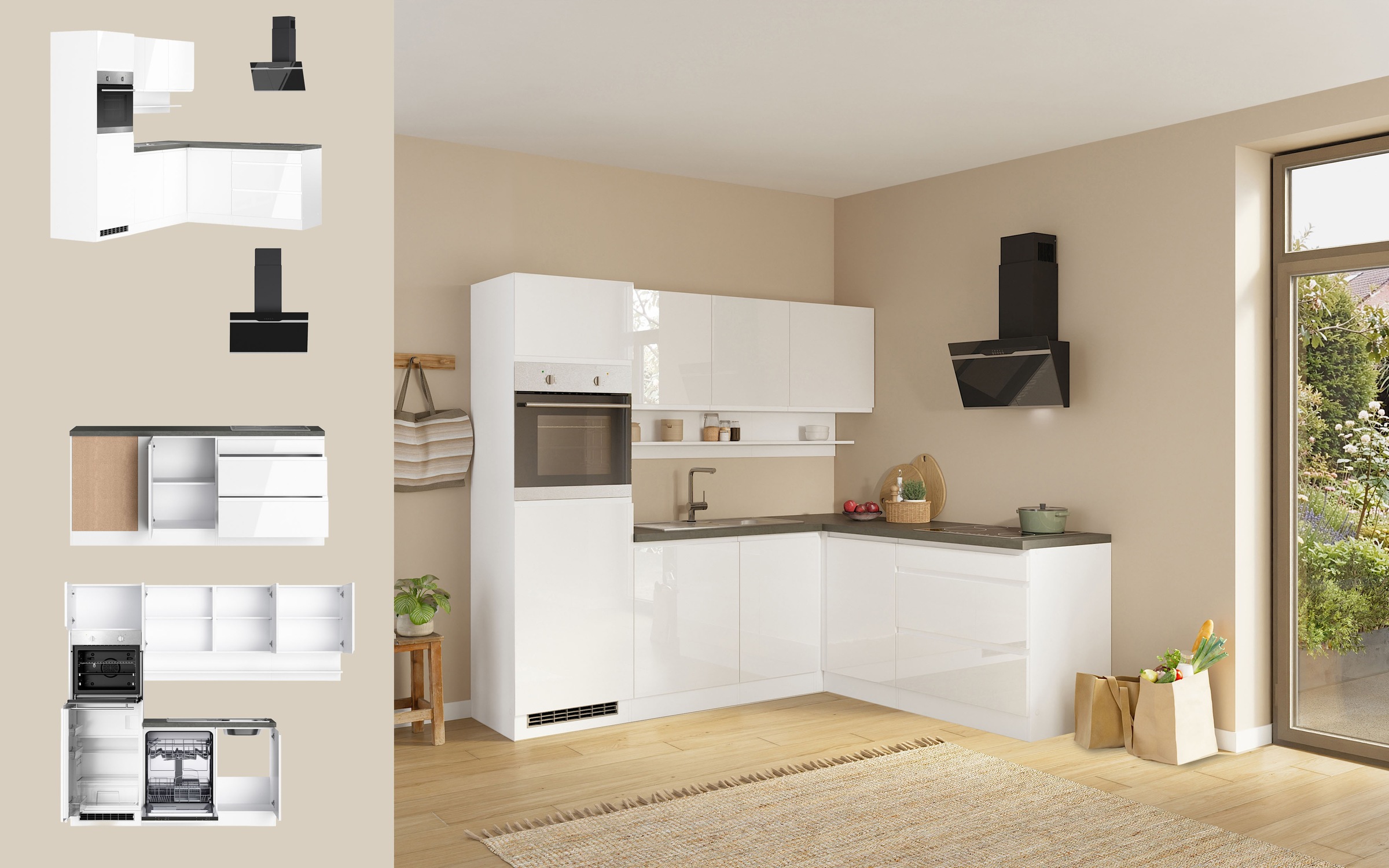 KOCHSTATION »KS-Virginia,neu in verbesserter Ausführung« Arbeitsplatte 38 mm stark, Stauraum, Softclose,  Stellbreite 230/190 cm, Soft-Close, ohne E-Geräte