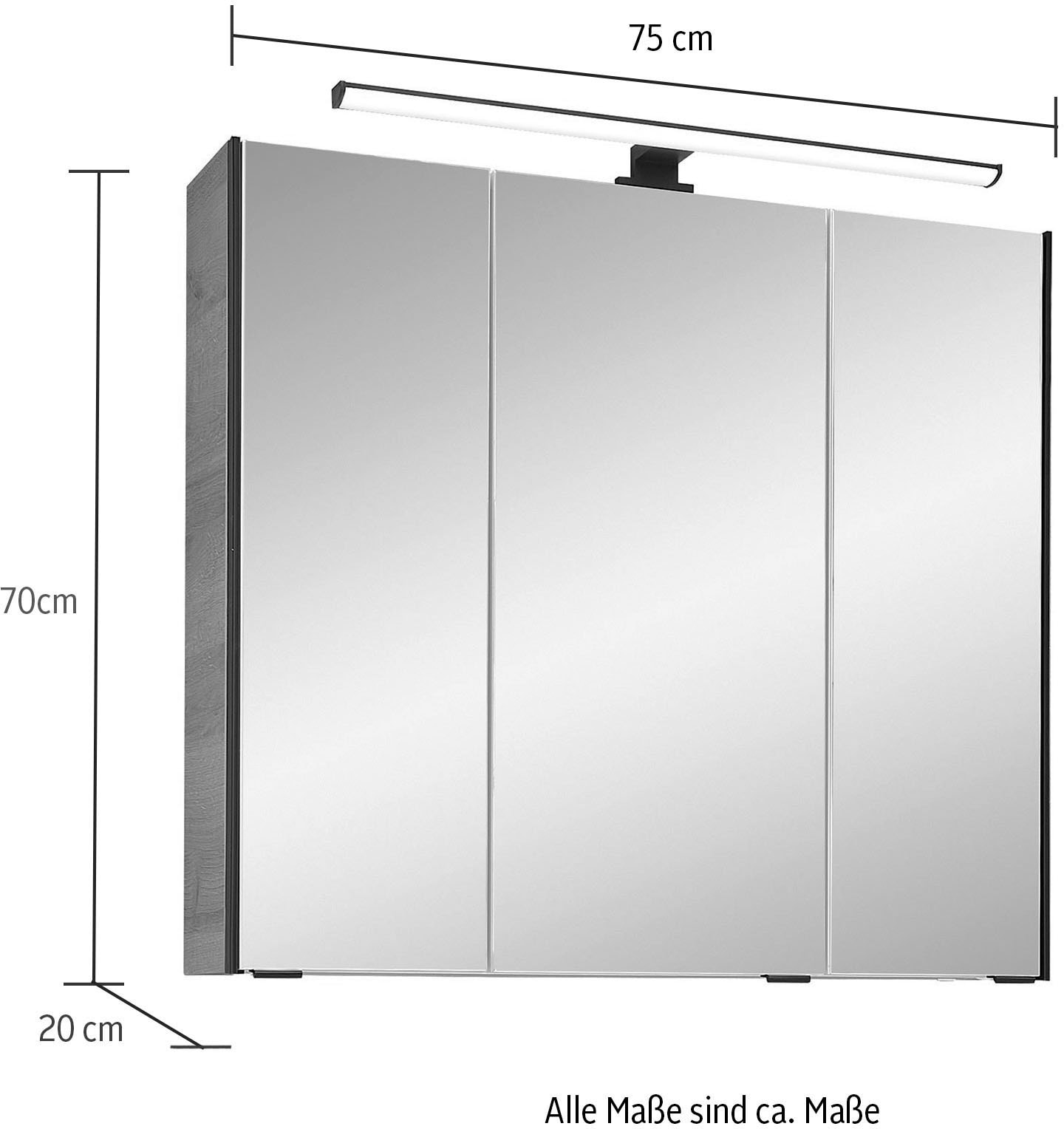 Saphir Badezimmerspiegelschrank »Quickset 395 Badschrank, 3 Spiegeltüren, 6 Einlegeböden, 75 cm breit«, inkl. LED-Beleuchtung, Türdämpfer, Schalter-/Steckdosenkombination