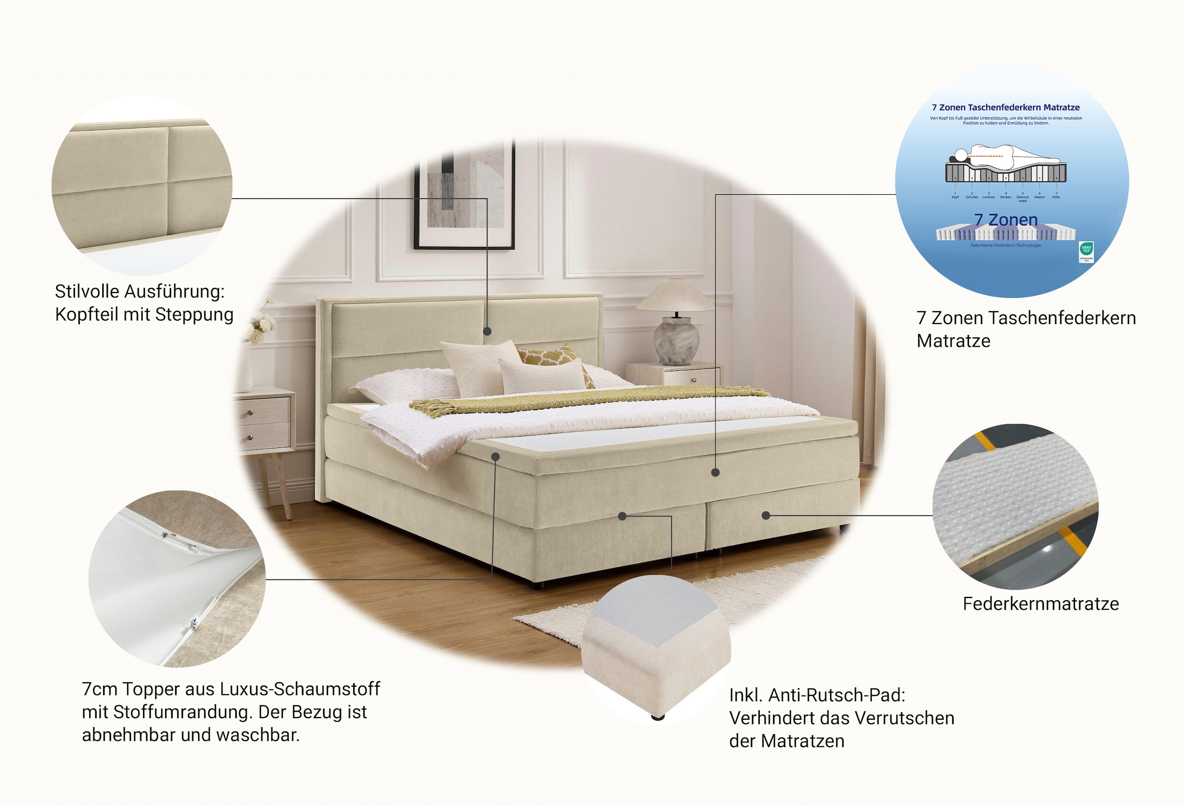 OTTO home Boxspringbett »VIVIANNE in den Breiten 140 & 180cm erhältlich, inkl. 7cm Luxus-Topper« erhältlich in den Farben anthrazit und beige