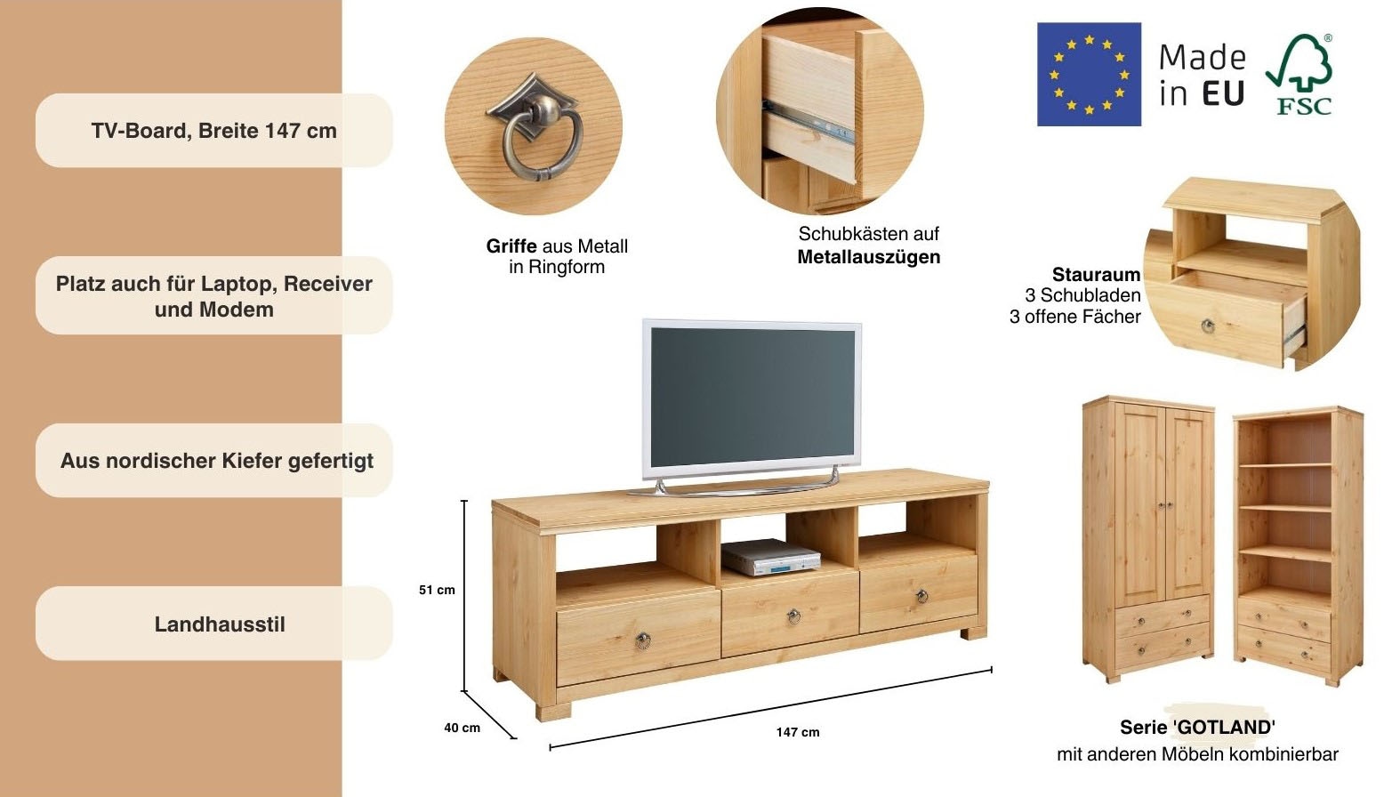 Home affaire TV-Board »Gotland«, Breite 147 cm, mit Schubladen und offenen Fächern, Massivholz, FSC®