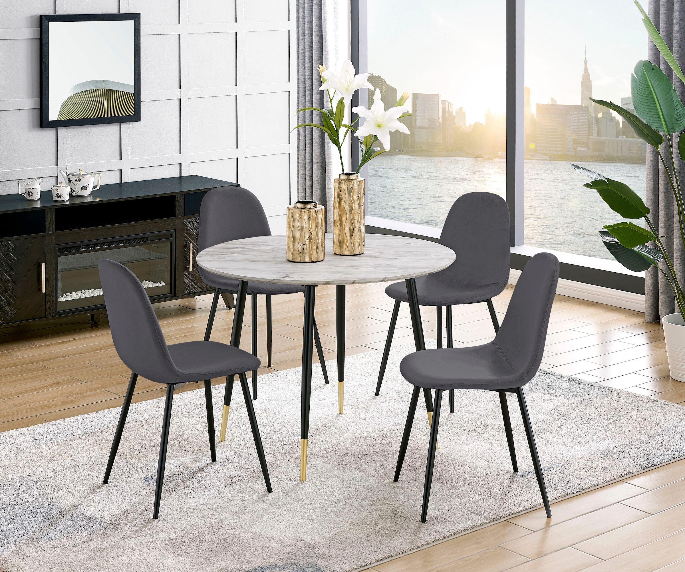 Leonique Essgruppe »Eadwine, TOPSELLER! Sitzgruppe Esstisch plus 4 Esszimmerstühle«, (Set, 5 tlg., Esstisch plus 4 Esszimmerstühle), Esstisch plus 4 Stühle in verschiedenen Farben
