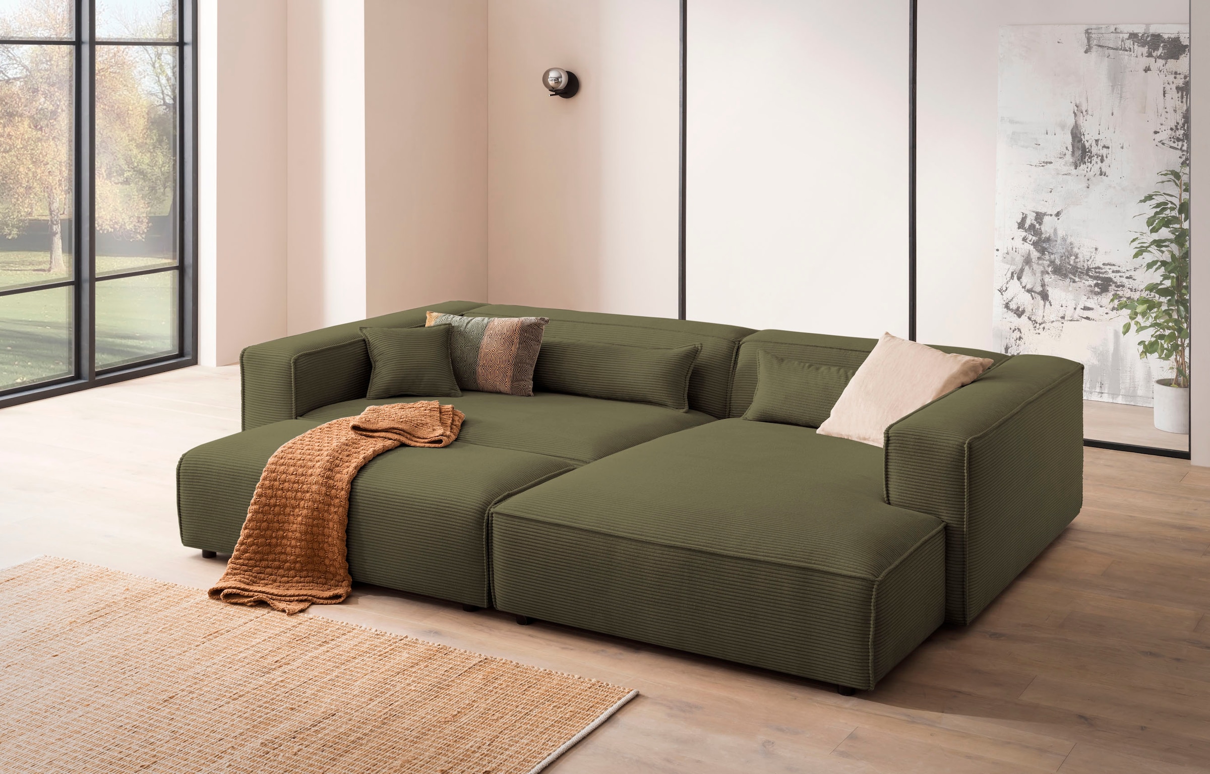 LeGer Home by Lena Gercke Polsterecke »PIARA XXL, L-Form mit Schlaffunktion, Big-Sofa in Cord o. Leinenoptik«, Hocker stellbar zum Schlafsofa (Krokodilverbinder), tiefe Sitzfläche