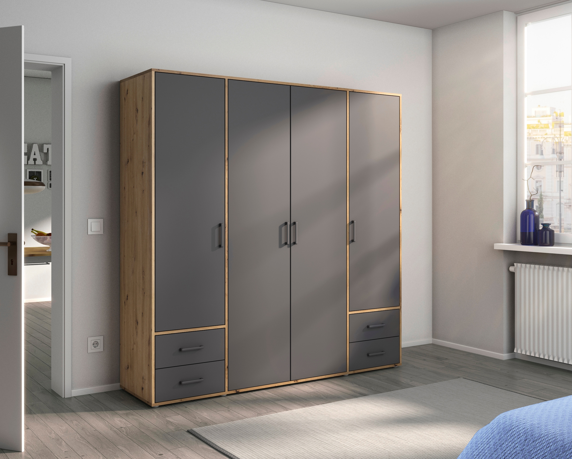 rauch Drehtürenschrank »Kleiderschrank Schrank Garderobe Wäscheschrank VOYAGER«, moderne Griffe in Graumetallic mit Außenschubkästen MADE IN GERMANY