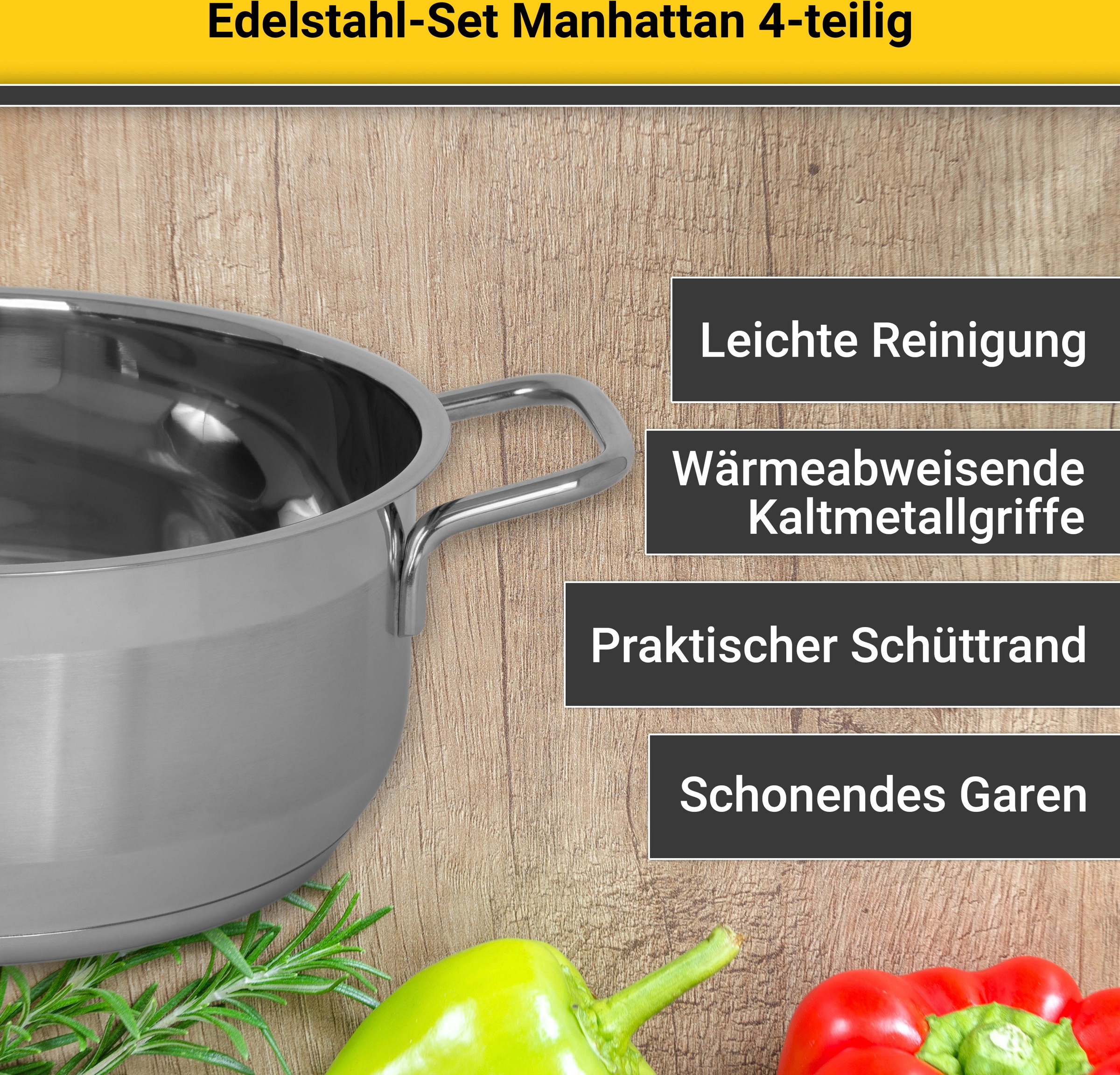 Krüger Topf-Set »Manhattan«, Edelstahl, (Set, 7 tlg., Bratentopf Ø 20 cm, Fleischtopf Ø 16/20 cm, Stieltopf Ø 16 cm), für Induktions-Kochfelder geeignet
