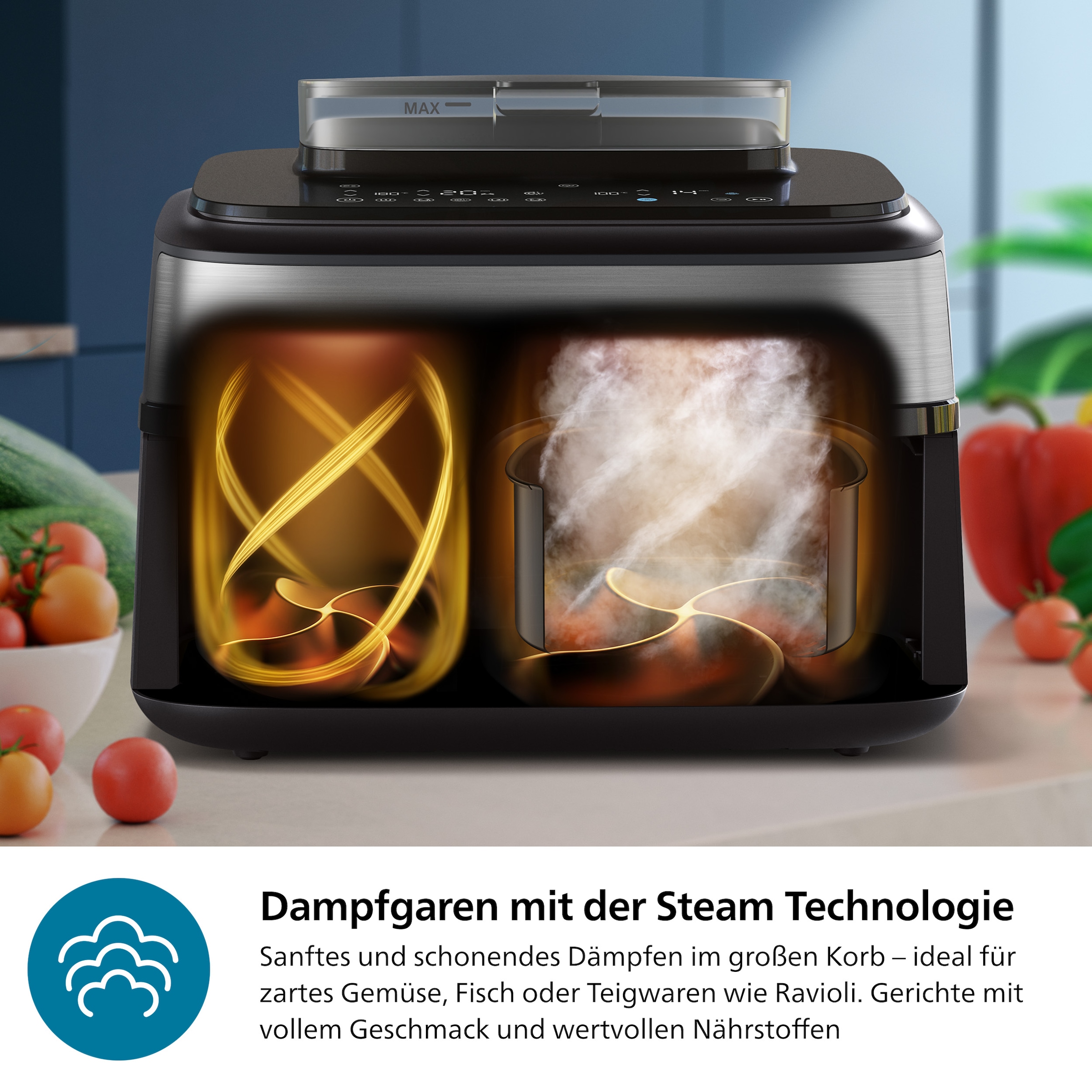 Philips Heißluftfritteuse »NA555/00 Steam Airfryer 5000 Series Dual Basket, 9L Kapazität (3L+6L)«, 2750 W, mit Dampfgar-Funktion; Silber/Edelstahl