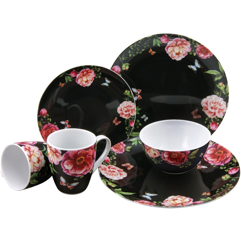 CreaTable Kombiservice »Geschirr-Set Enjoy Roses, schwarz«, (Set, 16 tlg., Kaffeeservice und Tafelservice im Set, für 4 Personen)