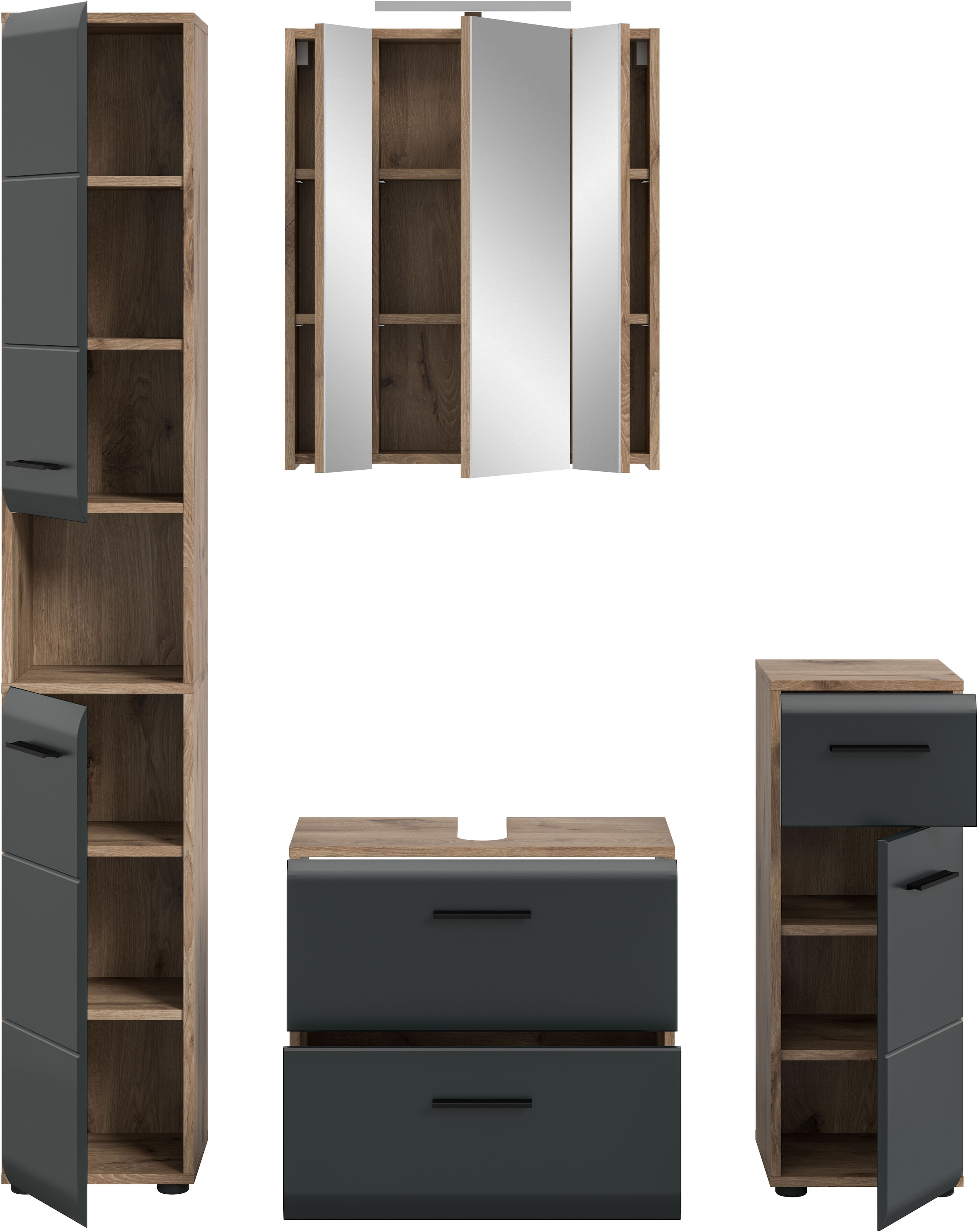 INOSIGN Badezimmer-Set Set, 5 Stk. tlg. Florenz, Badkombination 5-tlg.,Nox Oak NB,l inkl Beleuchtung