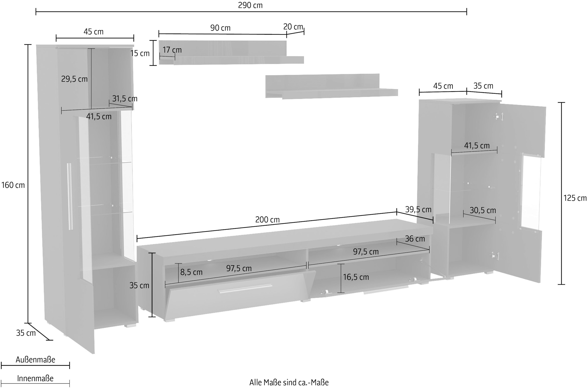 INOSIGN Wohnwand »India,Breite 290cm moderne Mediawand ohne Beleuchtung«, (Set, 5 St.), Anbuwand (Set,5-St, 2xVitrine, 1TV-Schrank, 2xWandregal) viel Stauraum