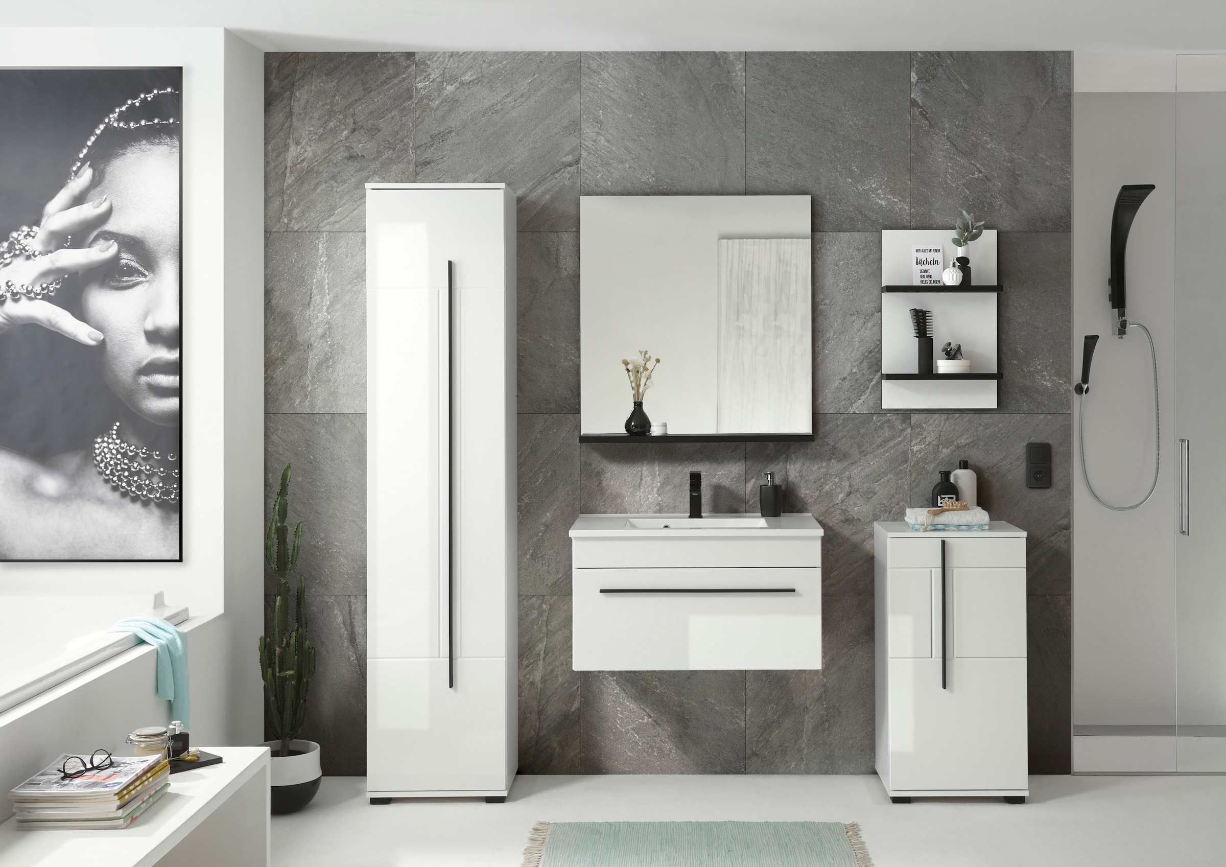 Home affaire Hochschrank »Cantara, Badschrank in Hochglanz Weiß, Hochschrank im modernen Design« mit schwarzen Griffen, ausreichend Stauraum