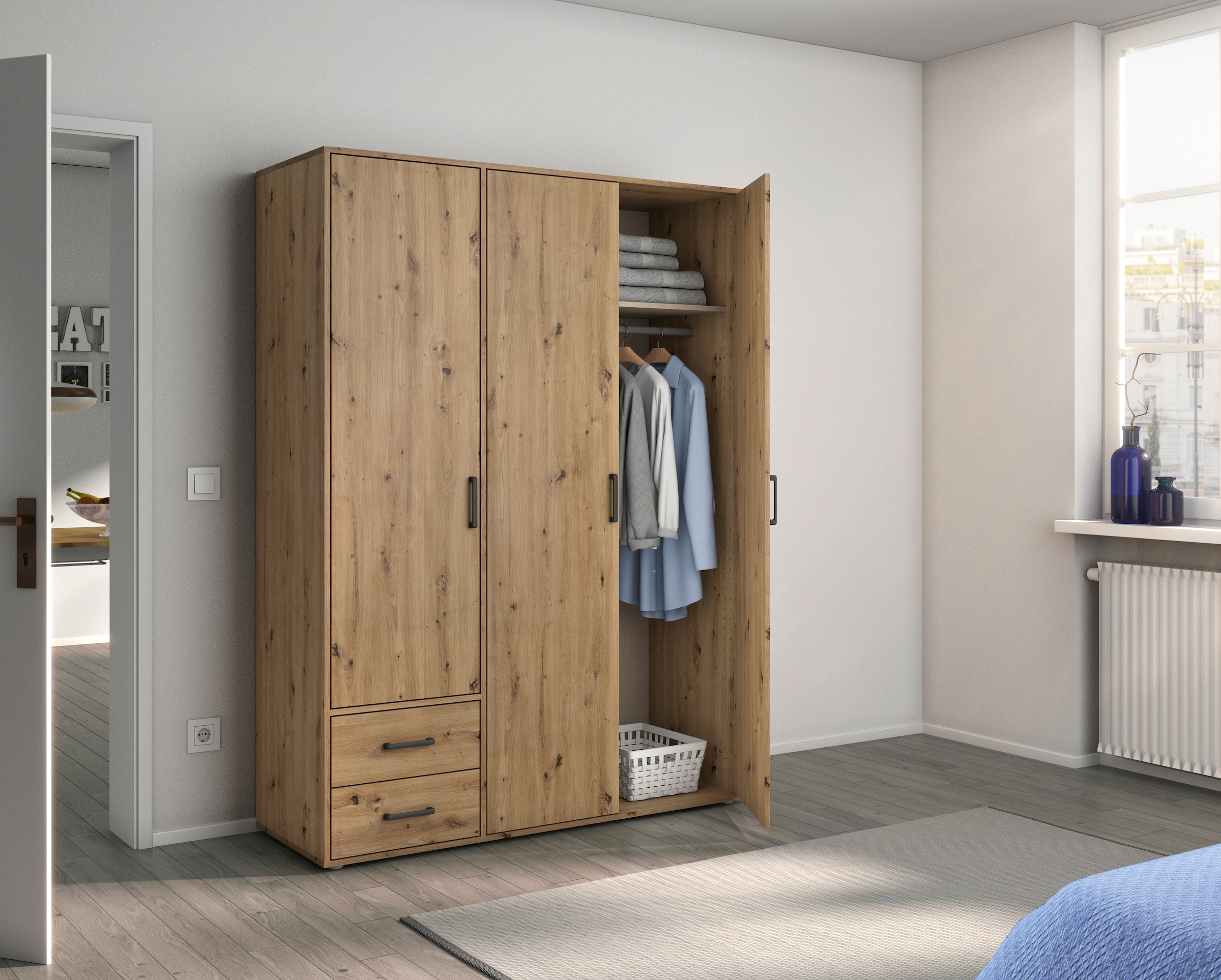 rauch Drehtürenschrank »Kleiderschrank Schrank Garderobe Wäscheschrank VOYAGER«, moderne Griffe in Graumetallic mit Außenschubkästen MADE IN GERMANY