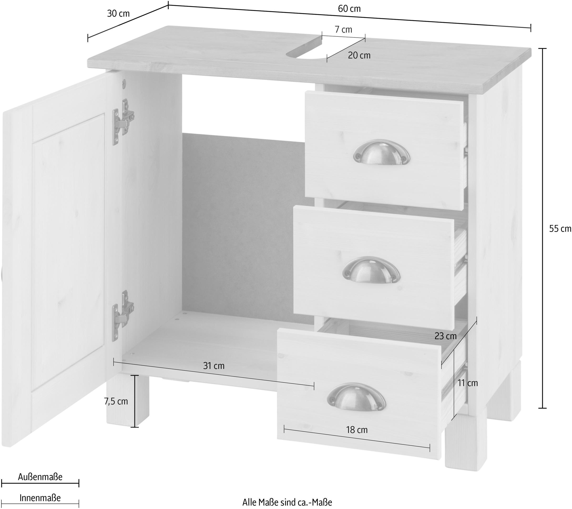 Home affaire Waschbeckenunterschrank »Oslo«, Kiefer, 1 Tür und 3 Schubkästen, Breite 60 cm, Höhe 55 cm