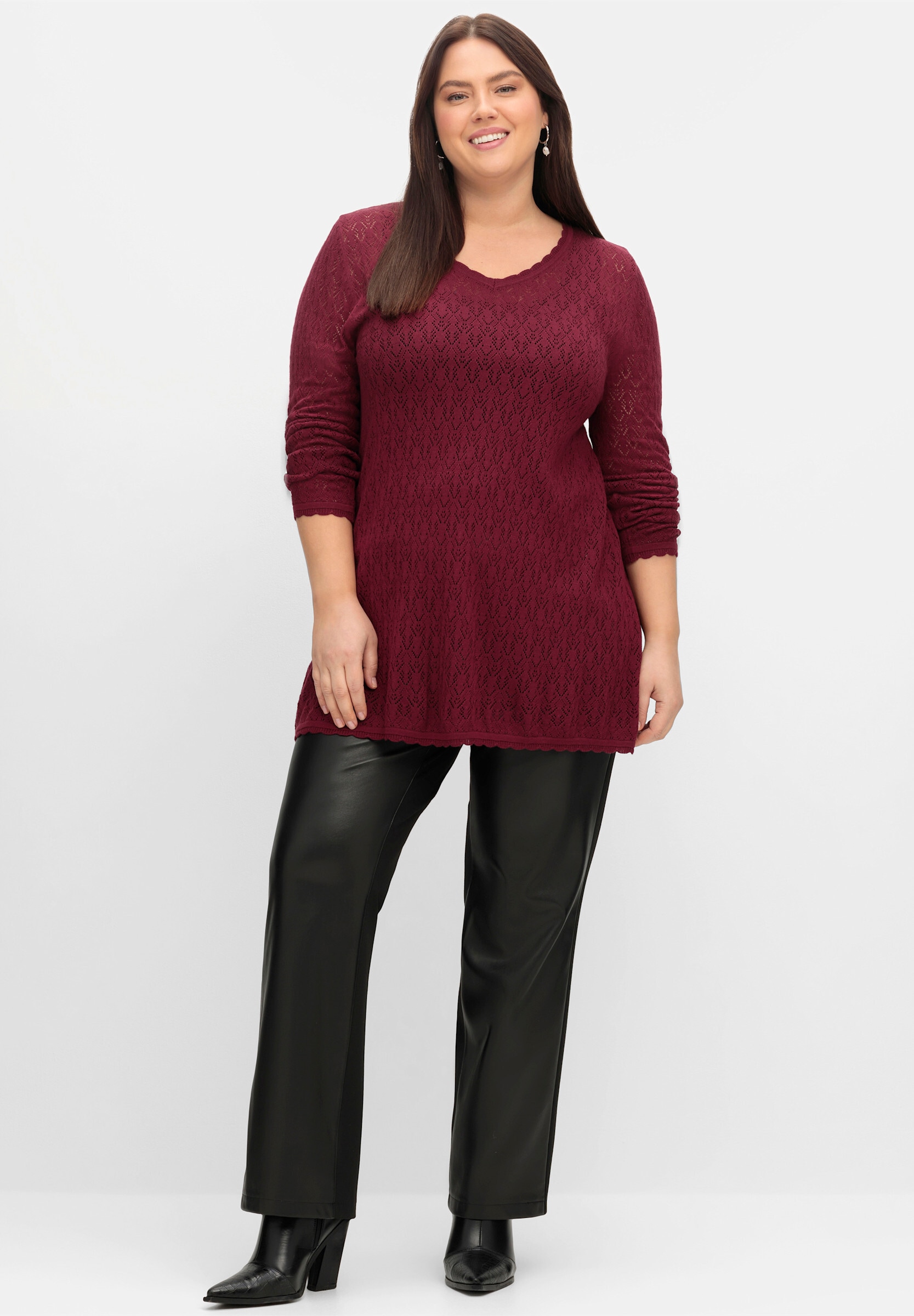 Sheego Longpullover »V-Ausschnitt-Pullover Ajourpullover in leichter A-Linie«