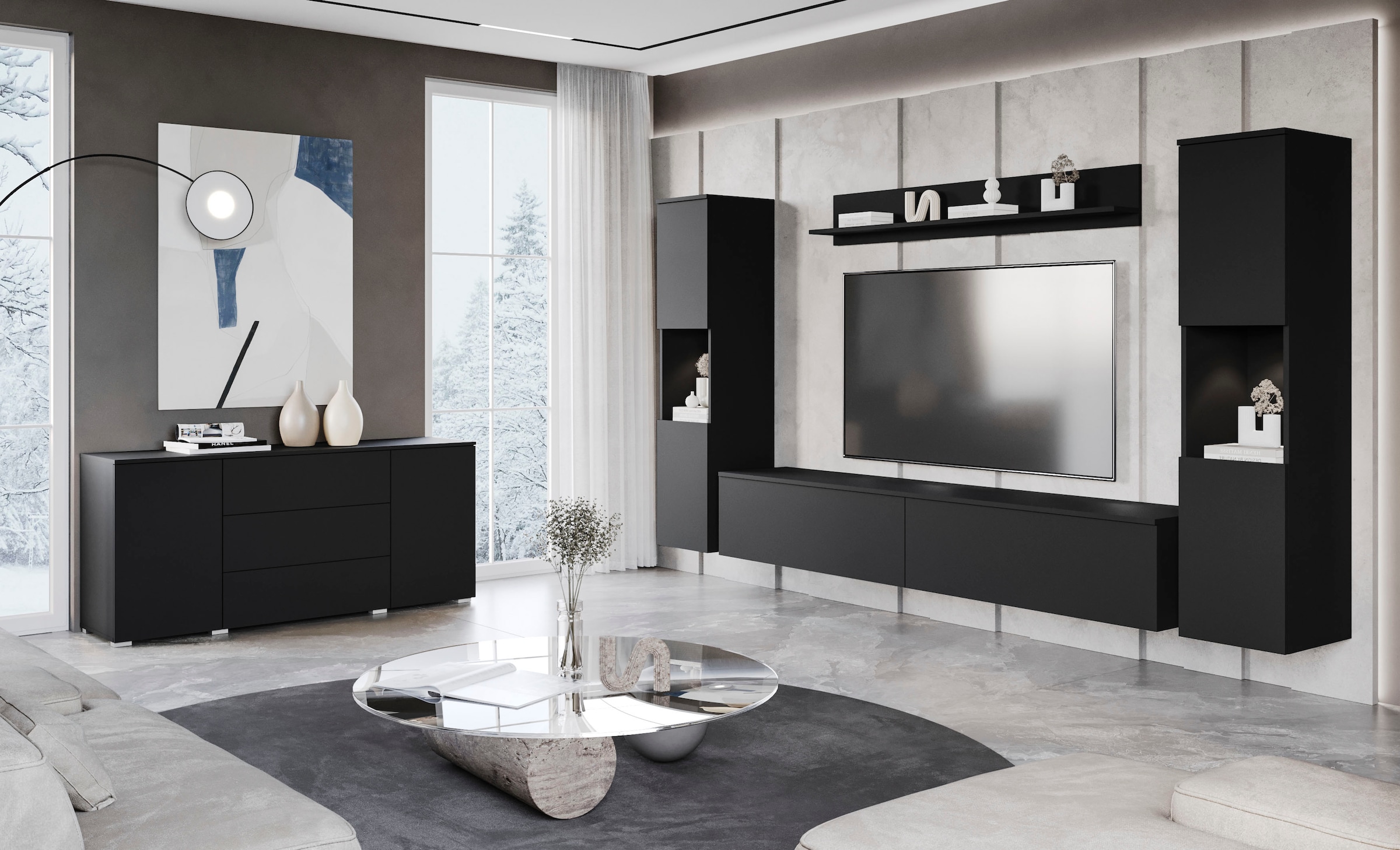 INOSIGN Wohnwand »PARIS, Vitrine Türanschlag links/rechts wechselbar«, (Komplett-Set, 4 St.), grifflose Design, stehend und hängend montierbar
