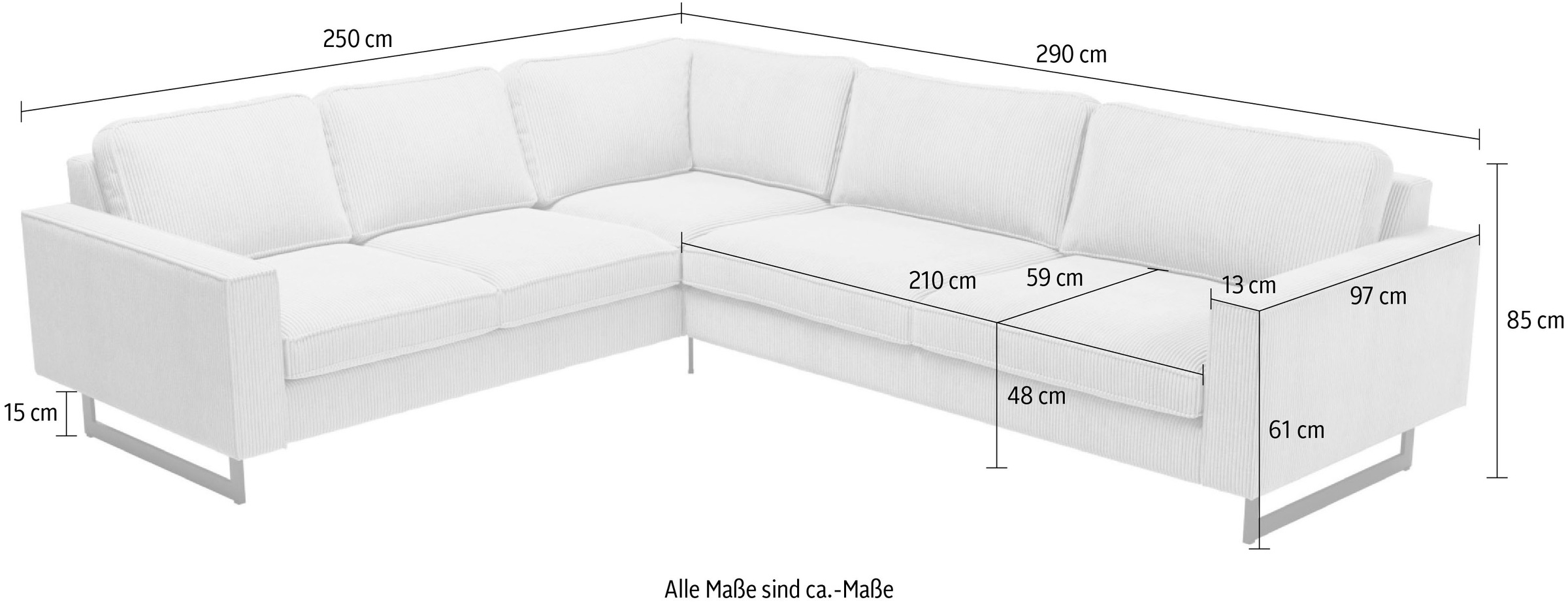 Places of Style Ecksofa »Pinto, XXL, 250/290 cm, langer Schenkel, Ottomane«, Cord, Chenille, Lederoptik, mit Keder, Metallfüße, Wellenunterfederung