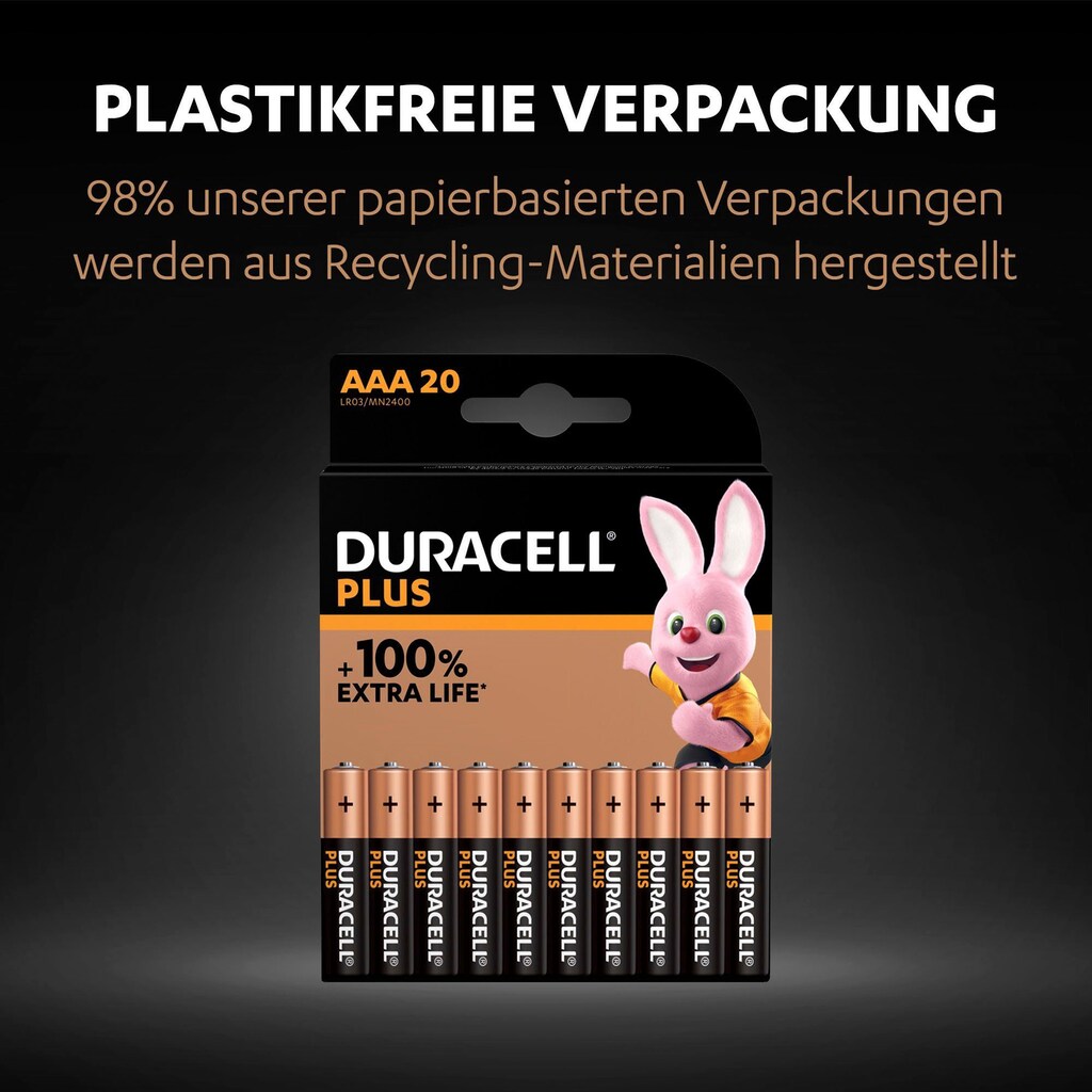 Duracell Batterie »20+ 20 Pack: 20x Mignon/AA/LR06 + 20x Micro/AAA/LR03«, LR03, 1,5 V, (Spar-Set, 40 St., Alkaline Batterie, 40 Stück)