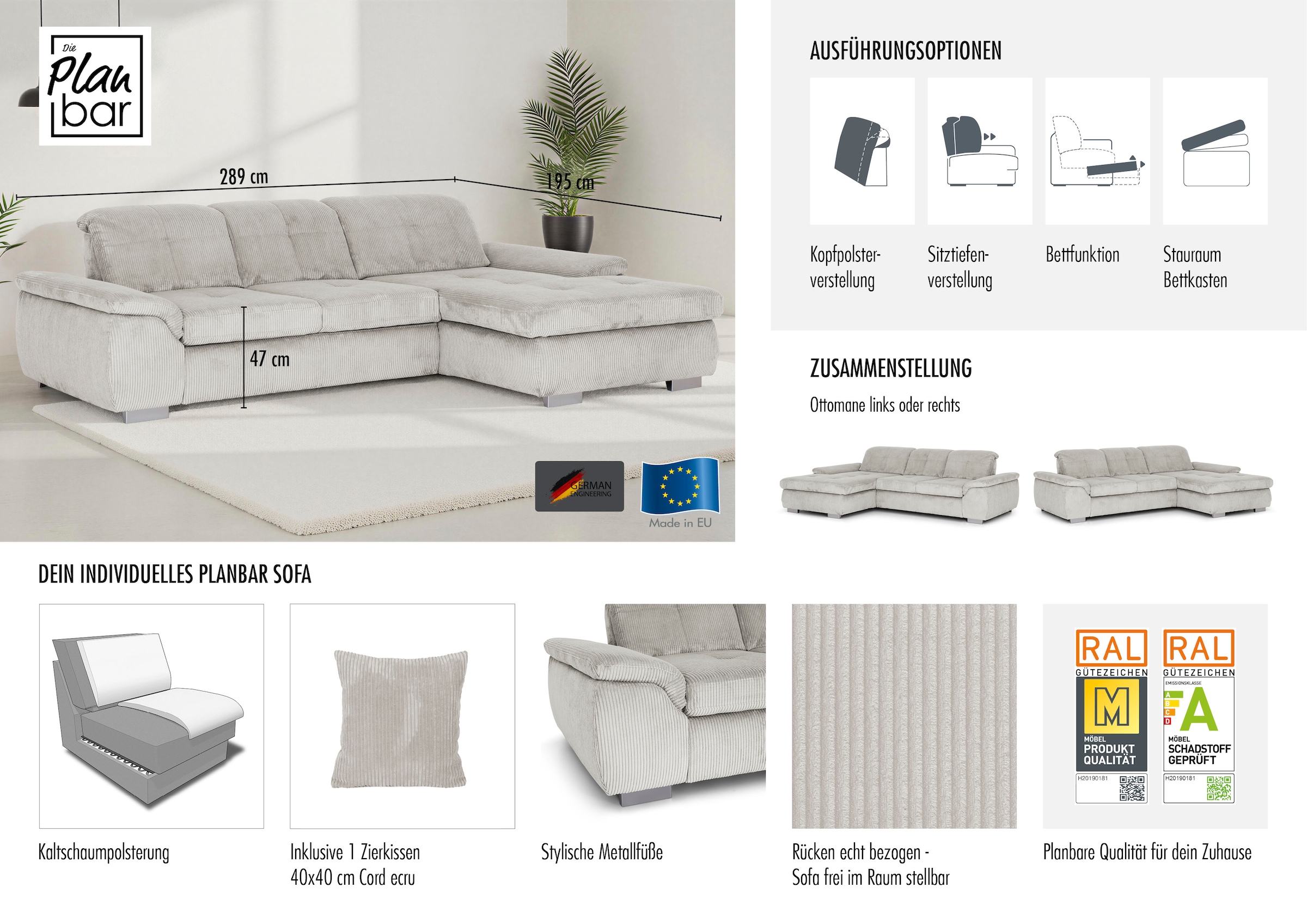 Die PlanBar Ecksofa »MP-IN16037 L-Form, Breite 289 cm, mit Kaltschaum-Polsterung« mit Sitztiefenverstellung & Zierkissen