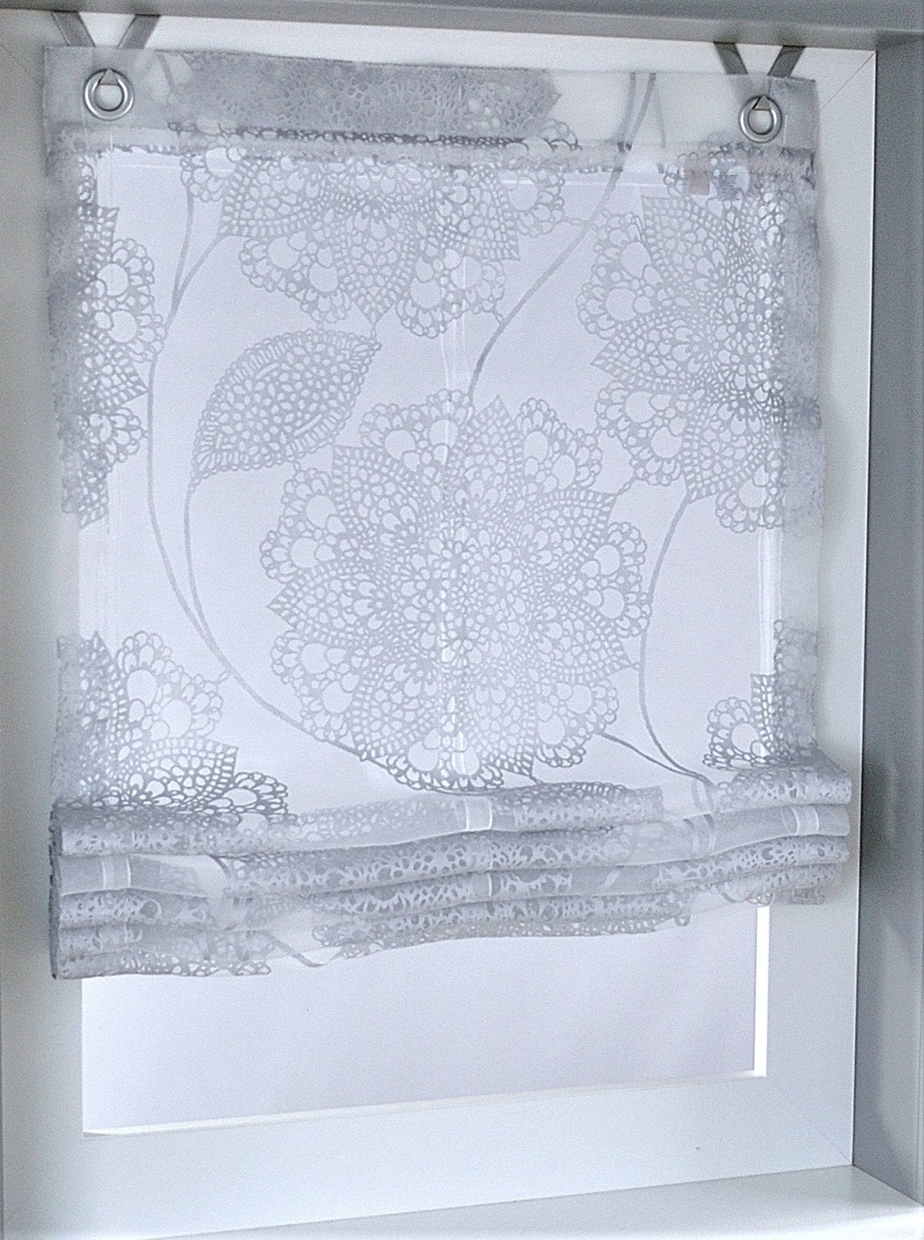 Kutti Raffrollo »Merle«, mit Fensterhaken bedruckt, Ausbrenner, Spitze, Hakenaufhängung, freihängend, transparent, grau, mit