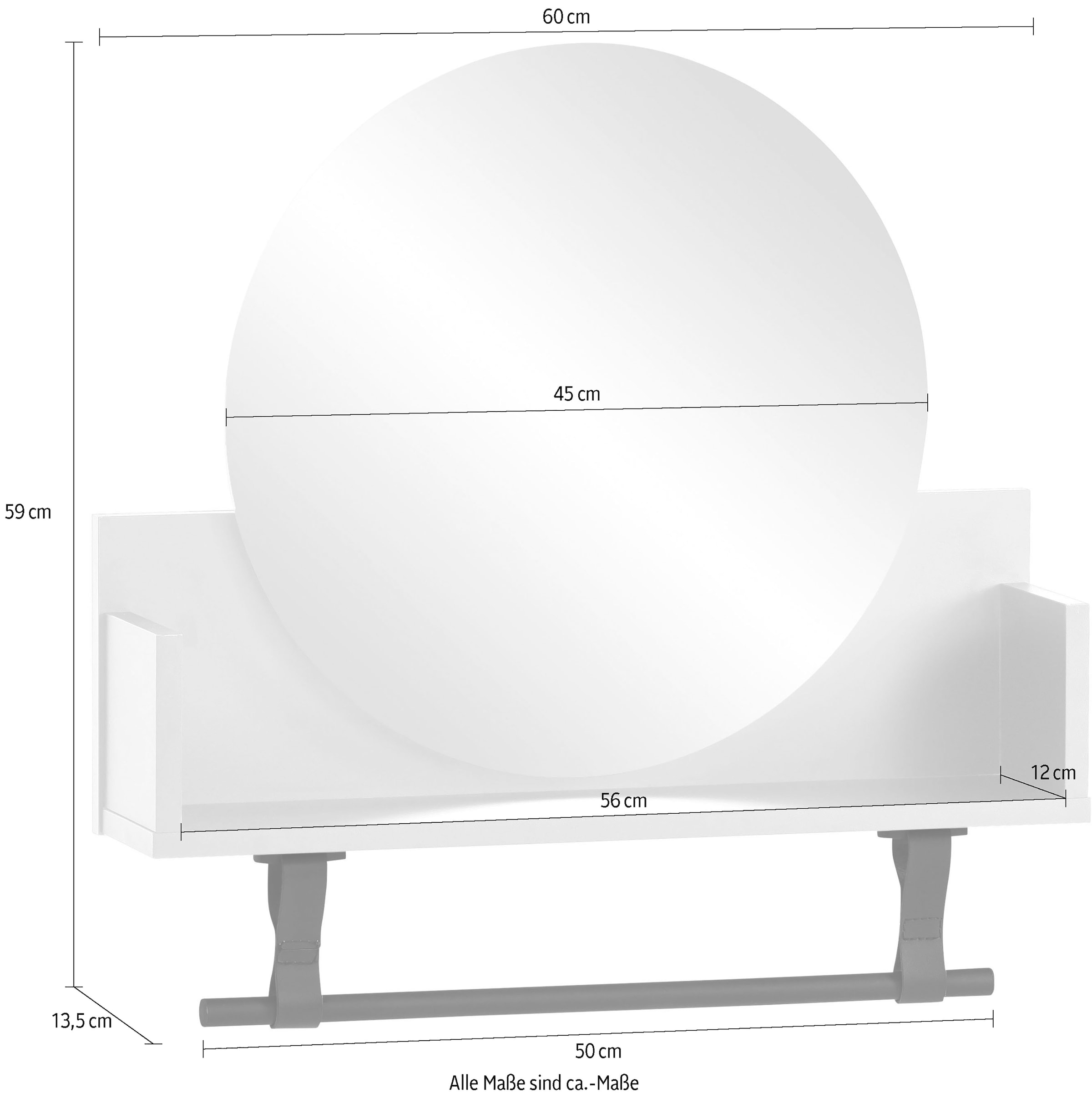 welltime Wandregal »Ella, Breite 59 cm« Kleiderstange aus Kunststoff, Schlaufen aus Leder, runde Spiegelfläche