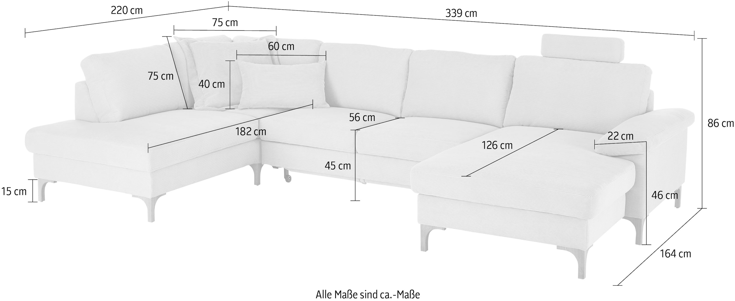 3C Candy Wohnlandschaft »Lecce, wahlweise PUR-Schaumstoff oder Tonnentaschenfederkern U-Form« Bettkasten in Umbauecke und Longchair, sowie Querschläfer im 2-Sitzer