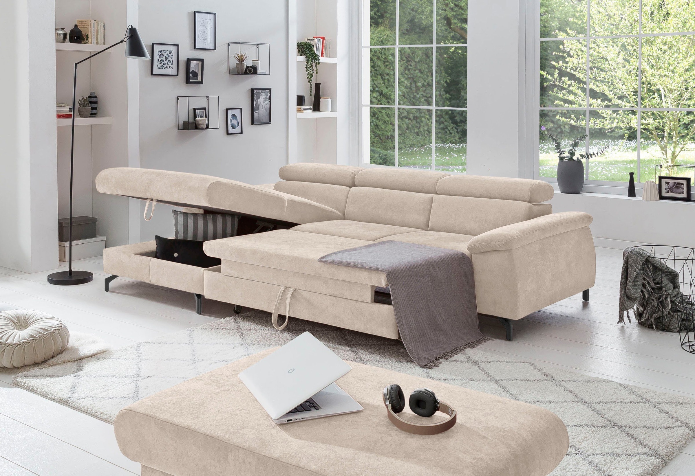 COTTA Polstergarnitur »Komaris L-Form«, (Set), Set bestehend aus: Ecksofa mit Kopfteilverstellung & Hocker