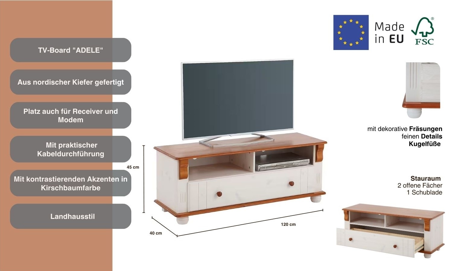 Home affaire TV-Board »Adele«, Breite 120 cm, mit Schublade, aus massiver Kiefer, FSC®