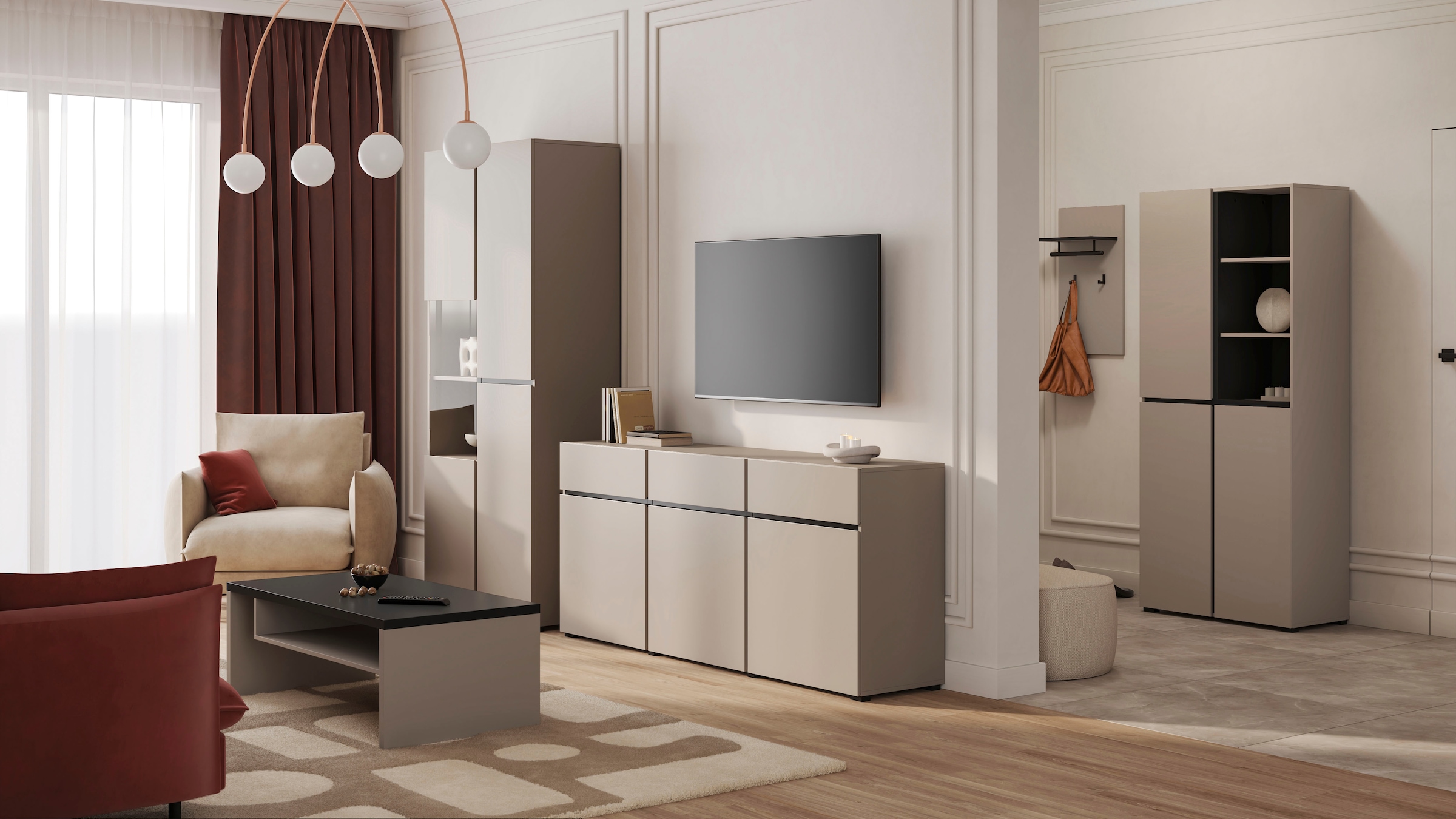 INOSIGN Vitrine »Cross, Höhe 183,5 cm, moderne grifflose Standvitrine mit 3 Türen« Hochschrank mit viel Stauraum, Glastür und verstellbaren Einlegeböden