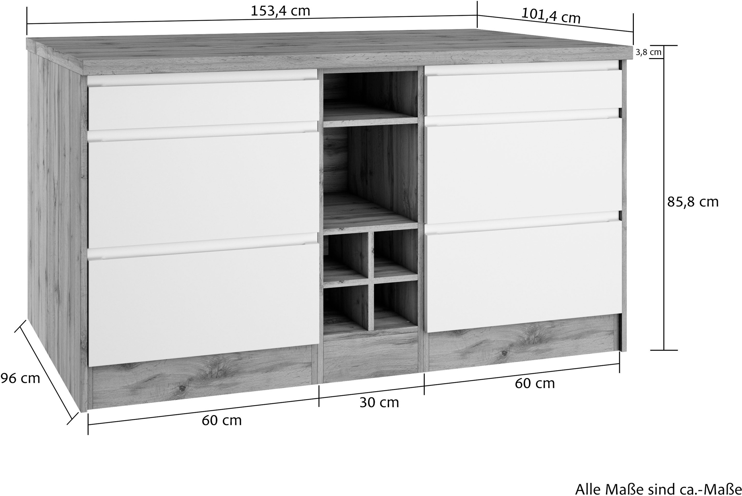 KOCHSTATION Kücheninsel »KS-Bruneck, Breite 153 cm«, MDF-Fronten, Arbeitsplatte 38mm stark