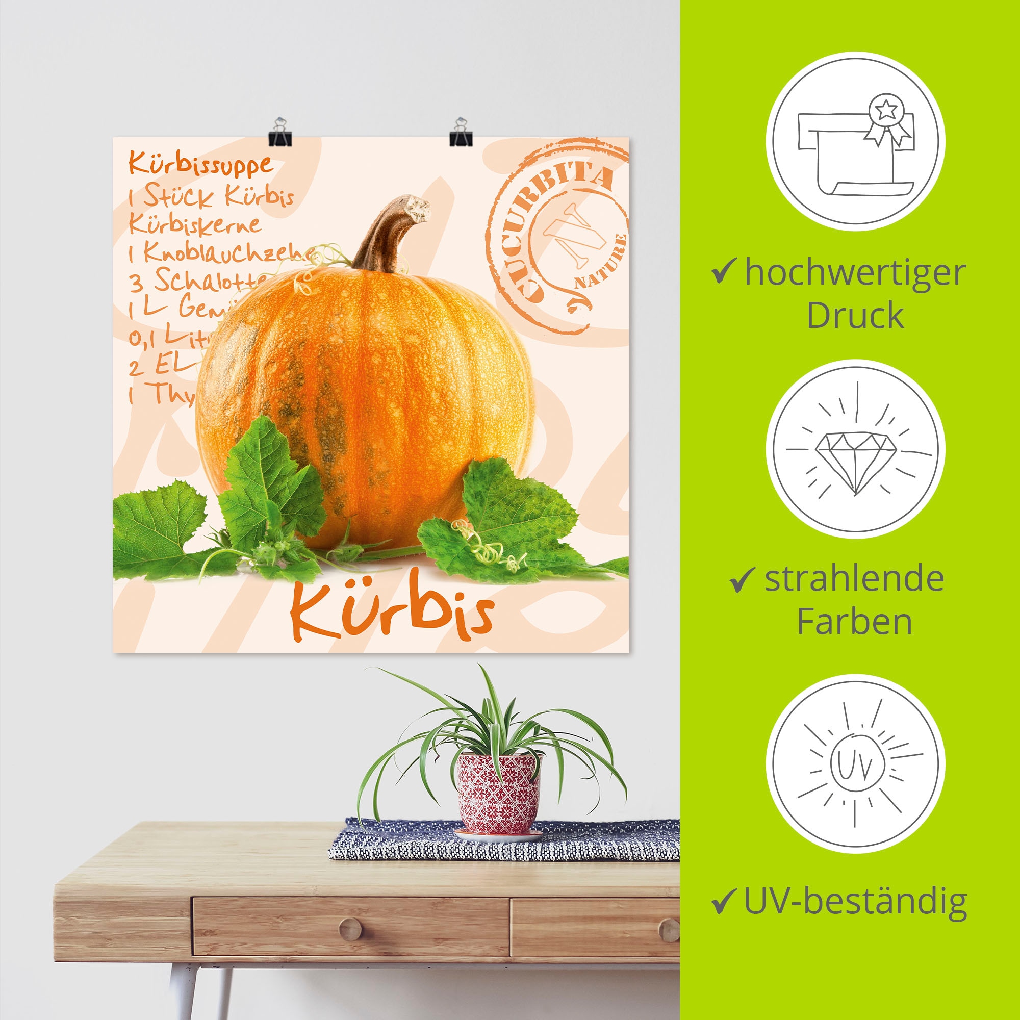 Artland Wandbild »Gelber Kürbis mit grünen Blättern«, Lebensmittel, (1 St.), als Poster, Wandaufkleber in verschied. Größen