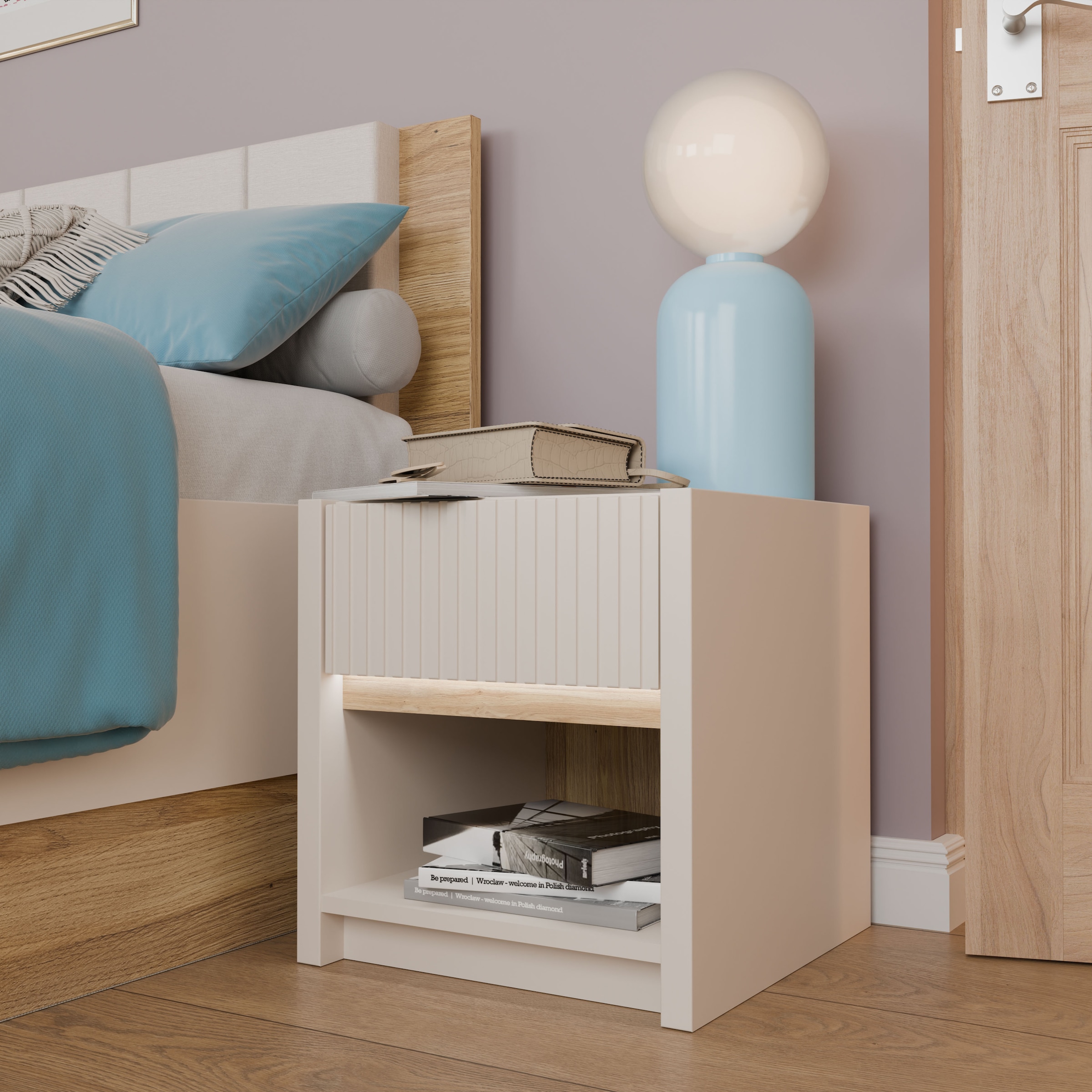 FORTE Nachtkommode »Oak Squere« B/H/T 40,6/43/41,7 cm inklusive Beleuchtung, Vollauszug