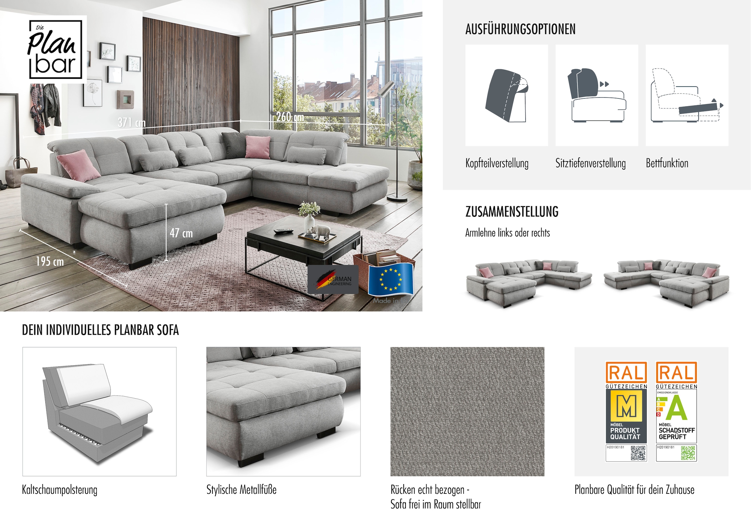 Die PlanBar Ecksofa »MP-IN16012 L-Form, mit Kaltschaum-Polsterung« inkl. Sitztiefenverstellung wahlweise mit weiteren Funktionen