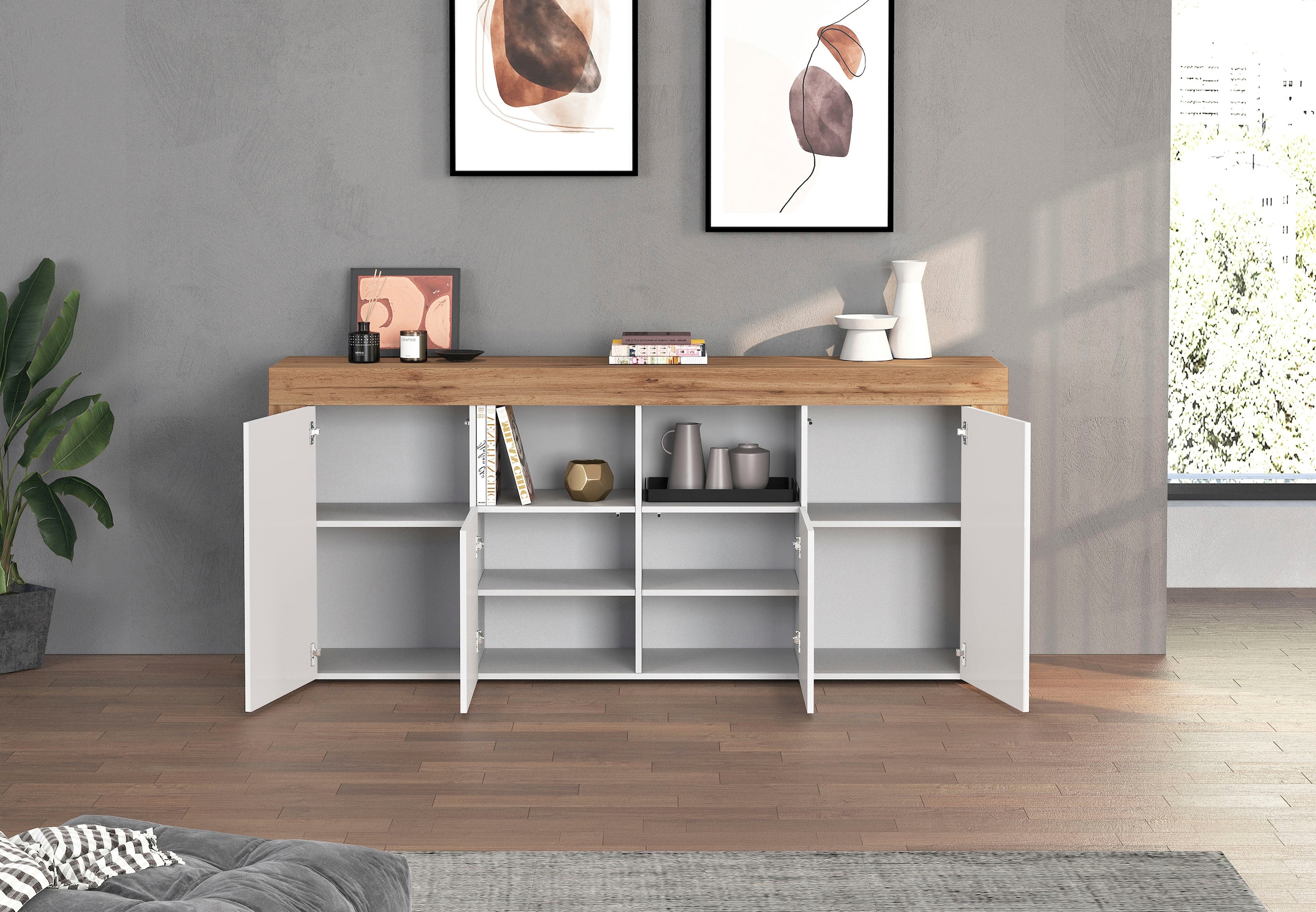 OTTO home Sideboard »CHRONOS Breite 200 cm  mit 4 Türen, 2 offene und 8 geschlossene Fächer« 1 Stk. tlg. Sideboard,Kommode, Schrank, Grifflos mit Push to Open, Made in Italy