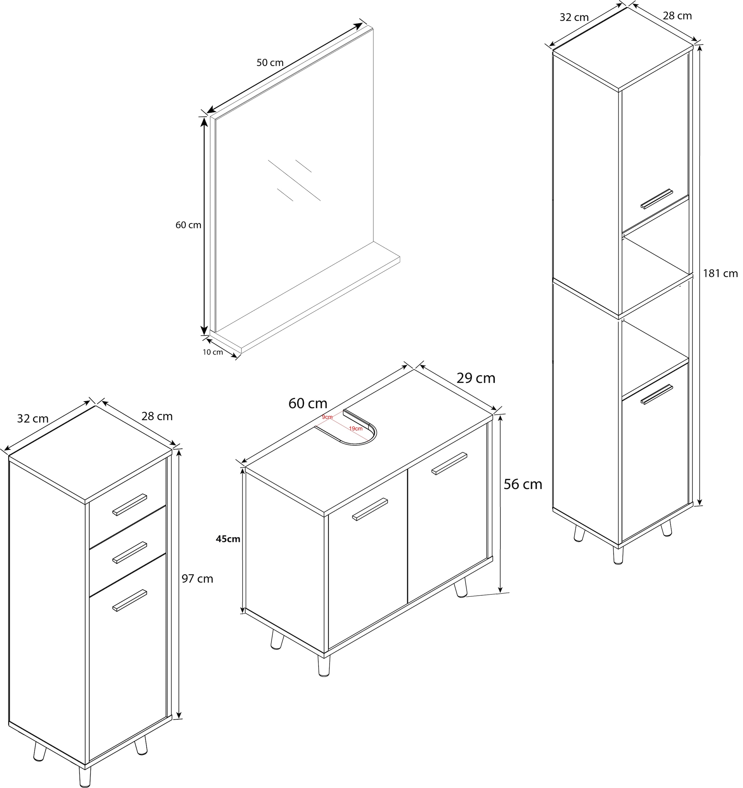 VCM Waschbeckenunterschrank »VCM 4-tlg. Badmöbelset | Badmöbel | Set aus Unterschrank, Midischrank, Hochschrank und Spiegel | Badezimmermöbel - Landos«, (4 St.)