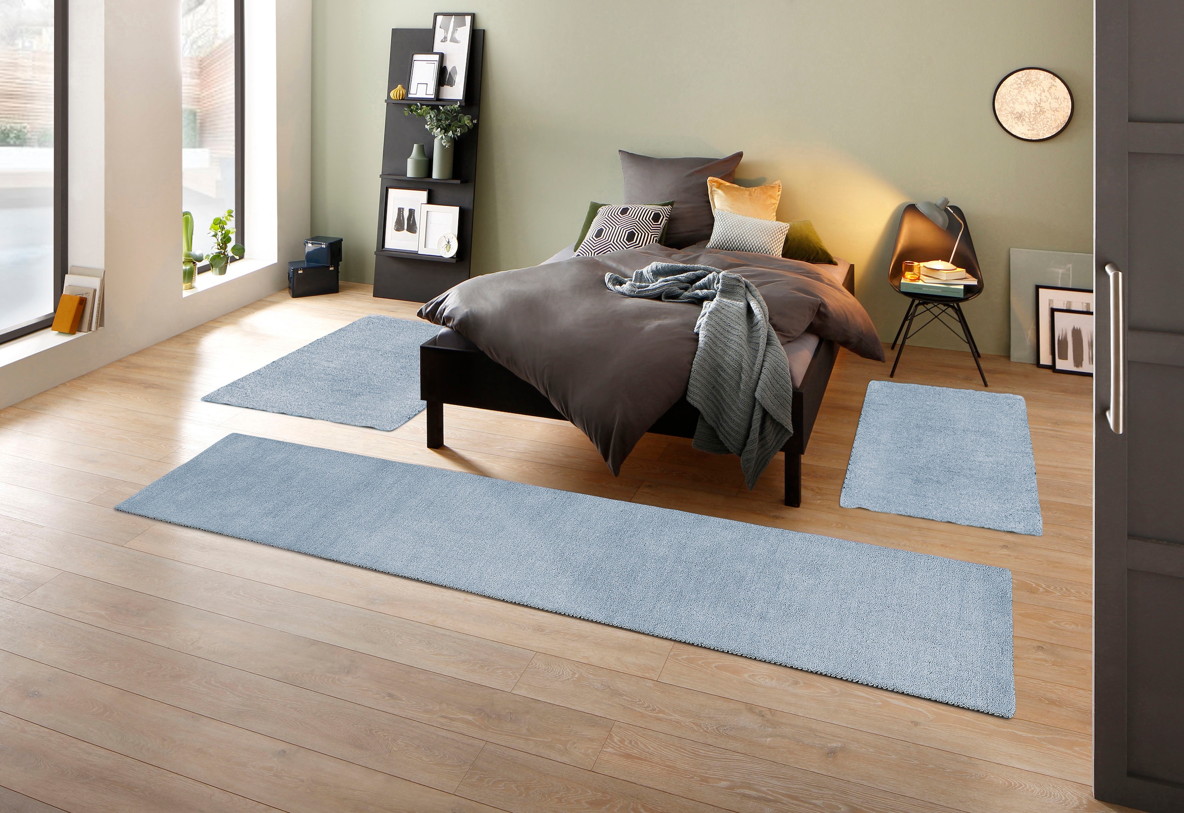 THEKO Bettumrandung »Gabbeh Uni, Handweb Teppich, meliert, reine Wolle« Höhe 14 mm 3 Stk. tlg. Bettvorleger, Uni-Farben, handgewebt, Läufer-Set, Schlafzimmer