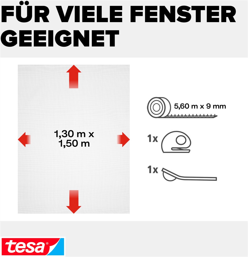 tesa Fliegengitter-Gewebe »Klett Fliegengitter Premium für Fenster, Insektenschutz mit Klettband« Packung, Fliegennetz, Klettband, Andrück und Schneidehilfe, 1 Stk. tlg. selbstklebende Insektenschutz - 130 cm x 150 cm