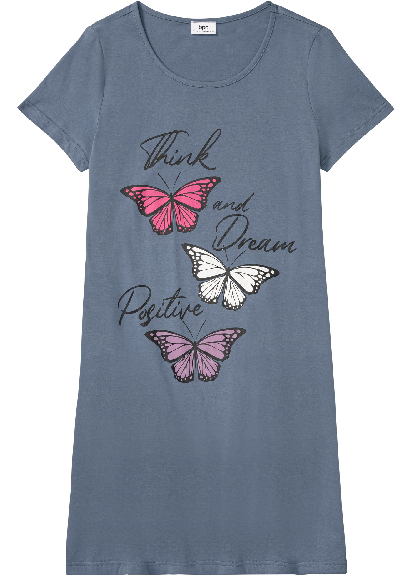 bonprix Nachthemd aus reiner Baumwolle, mit kurzem Arm, rauchblaues Design