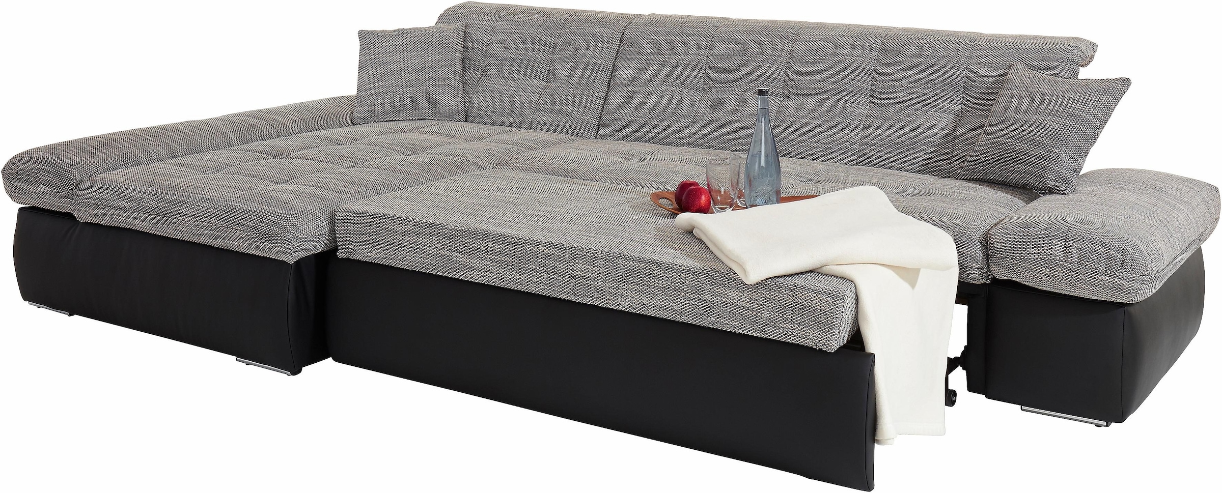 DOMO collection Ecksofa »Moric, L-Form, XXL-Sofa - Breite 300cm«, wahlweise mit Bettfunktion und Armteilverstellung, schwarz-weiß-grau