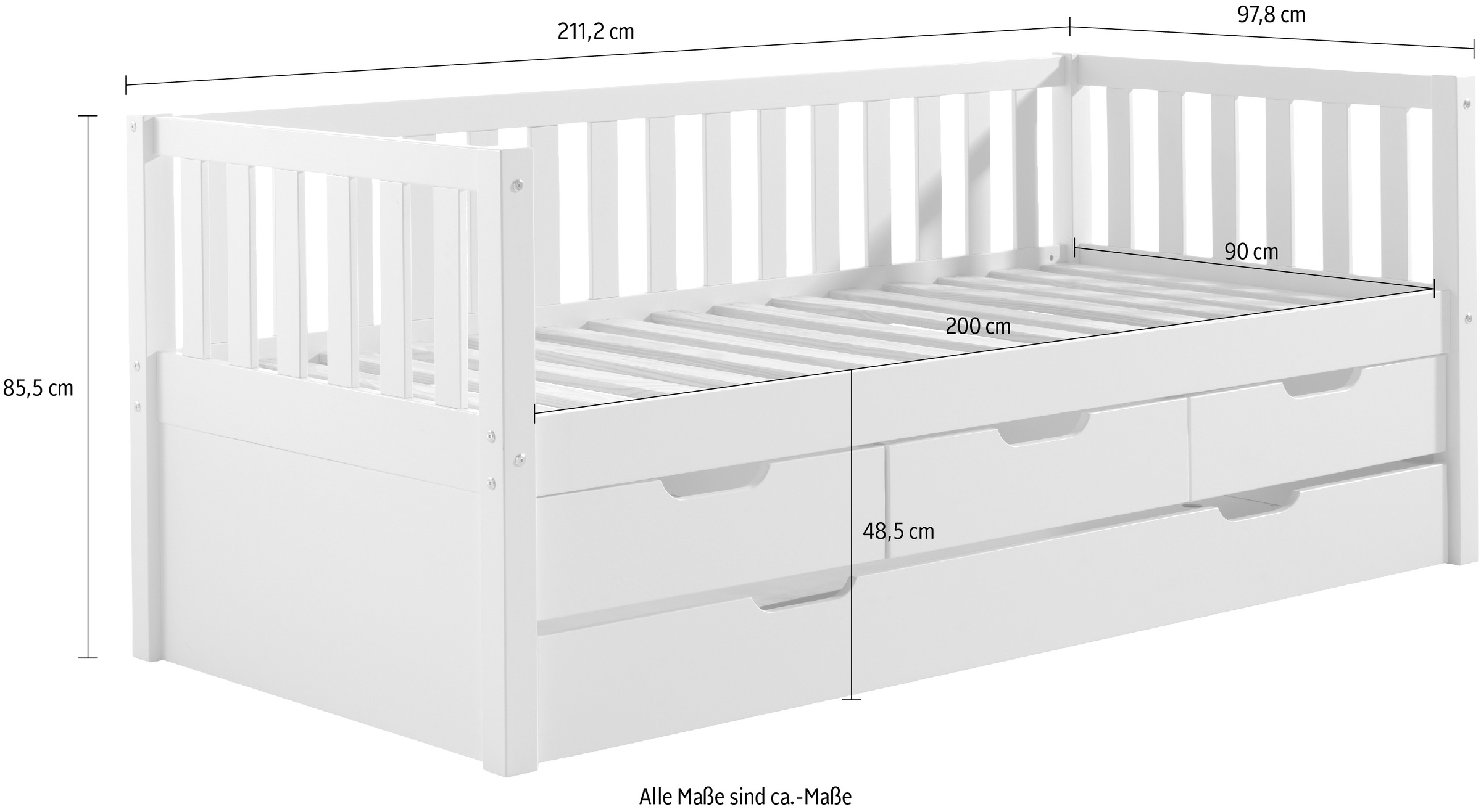 Vipack Einzelbett »mit Schubladen, Kiefer massiv, viel Stauraum und zeitloses Design«, (B/H/T ca. 211,2x85,5x97,8cm, Ausf. Milky Pine oder Weiß), inkl. Rolllattenrost, mit oder ohne Bettschublade