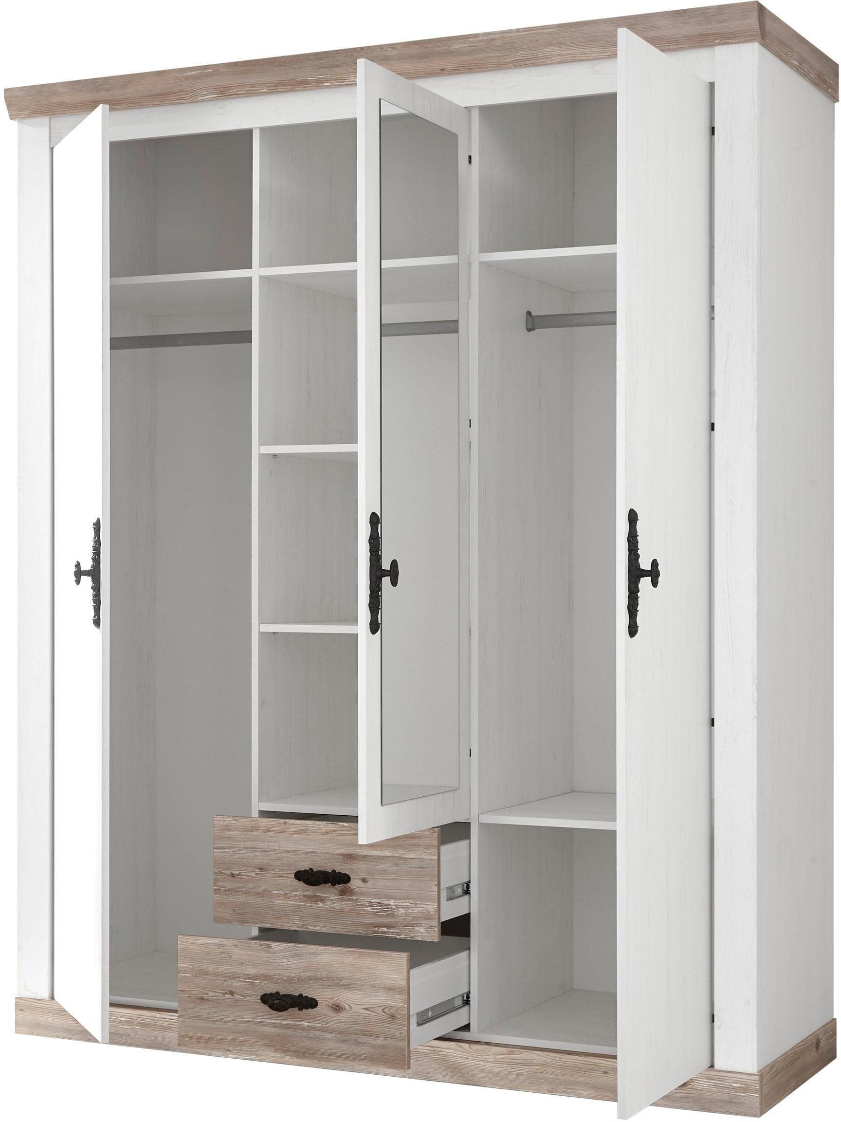 Home affaire Drehtürenschrank »Florenz Landhausschrank,rustikale Metallgriffe mit feinen Verzierungen«, Kleiderschrank mit Spiegel Schlafzimmerschrank BESTSELLER Garderobe