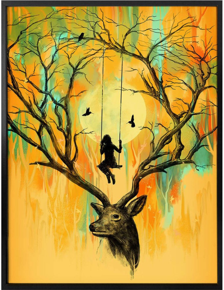 Poster Poster, (1 »Orange Hirsch Rechnung St.), Schaukel«, Geweih Bild, Wandposter Wandbild, Tiere, auf Wall-Art kaufen